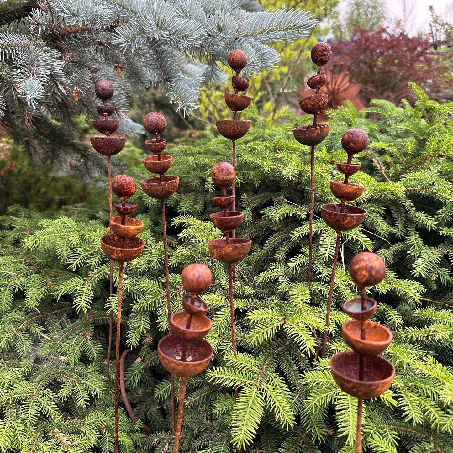 Set of 9 Rusty Tiny Flower Garden Stakes: Metal Flower Garden Decor, Perfect for Outdoor Metal Garden Decor.