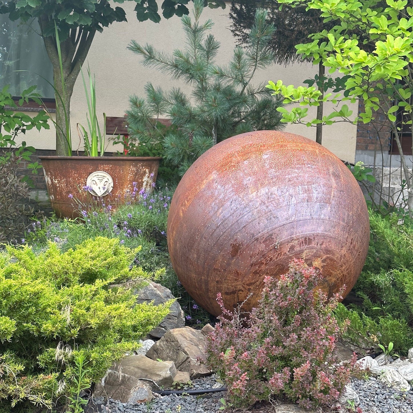 Big 35” Rusty Metal Sphere Outdoor Garden Decor - Zen Garden Globe Sculpture