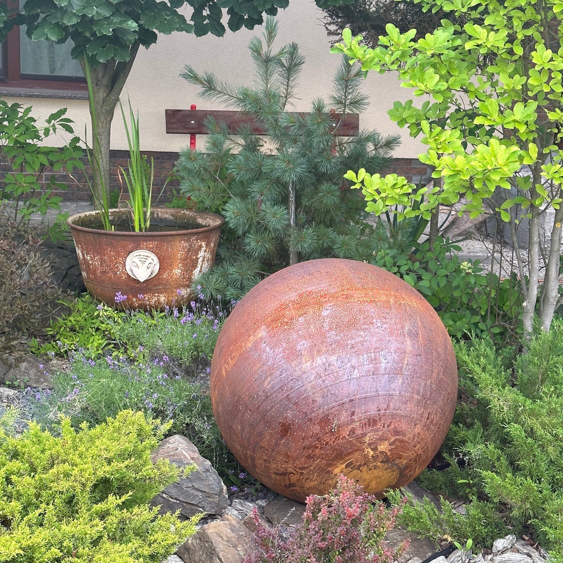 Big 35” Rusty Metal Sphere Outdoor Garden Decor - Zen Garden Globe Sculpture