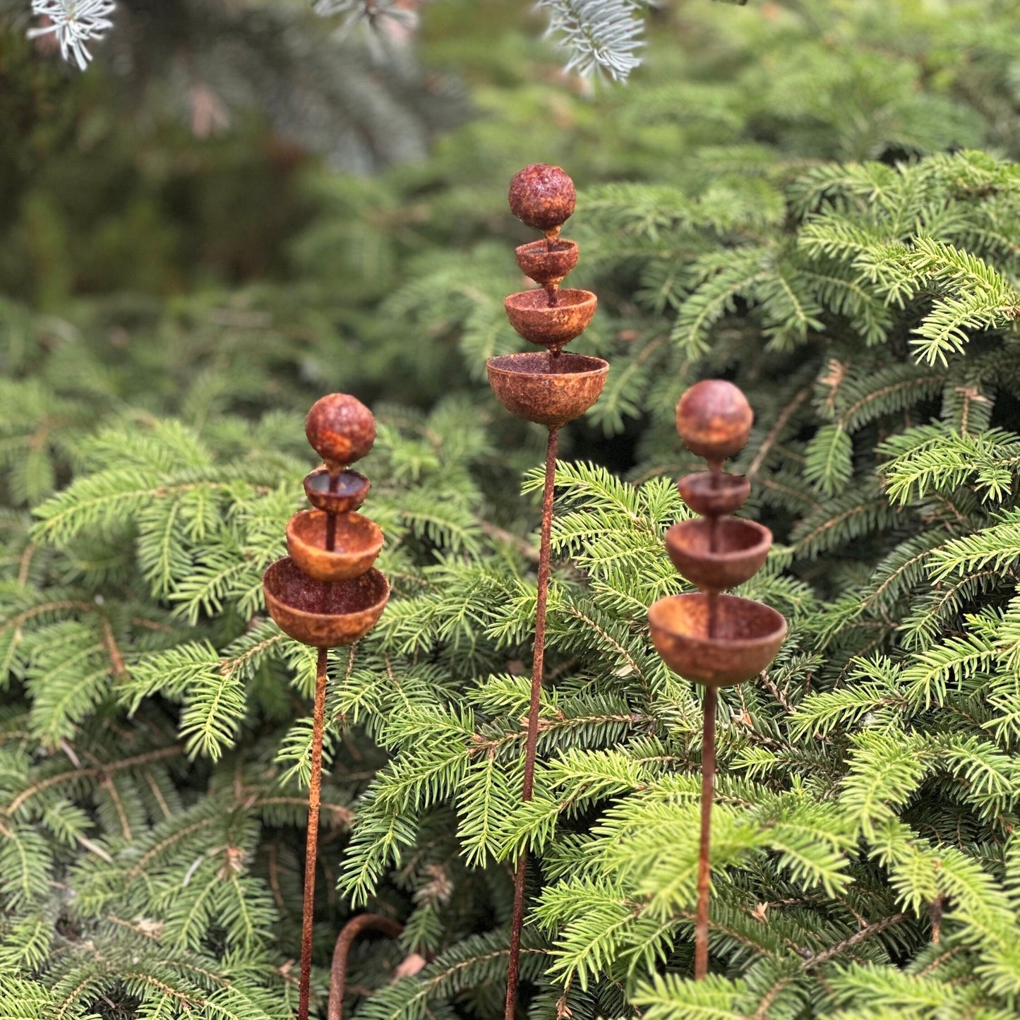 Set of 3 Rusty Tiny Flower Garden Stakes: Elevate Your Outdoor Space with Metal Flower Garden Decor and Metal Garden Decor.