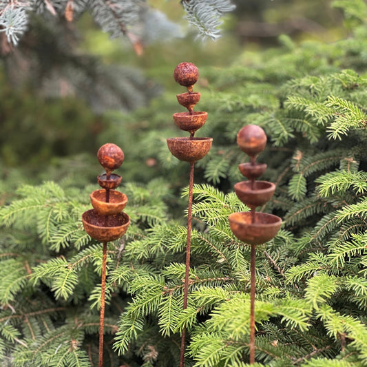 Set of 3 Rusty Tiny Flower Garden Stakes: Elevate Your Outdoor Space with Metal Flower Garden Decor and Metal Garden Decor.