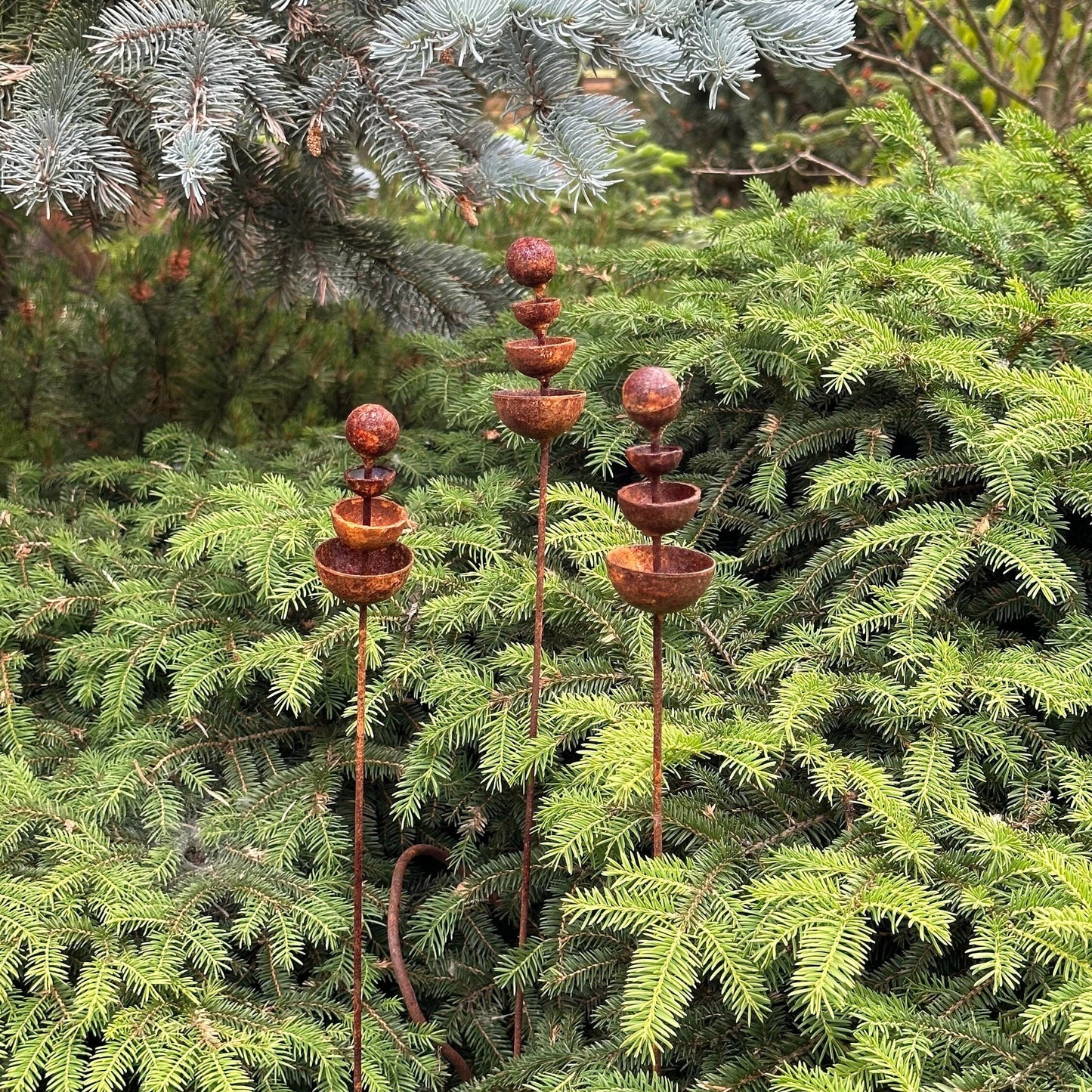 Set of 3 Rusty Tiny Flower Garden Stakes: Elevate Your Outdoor Space with Metal Flower Garden Decor and Metal Garden Decor.