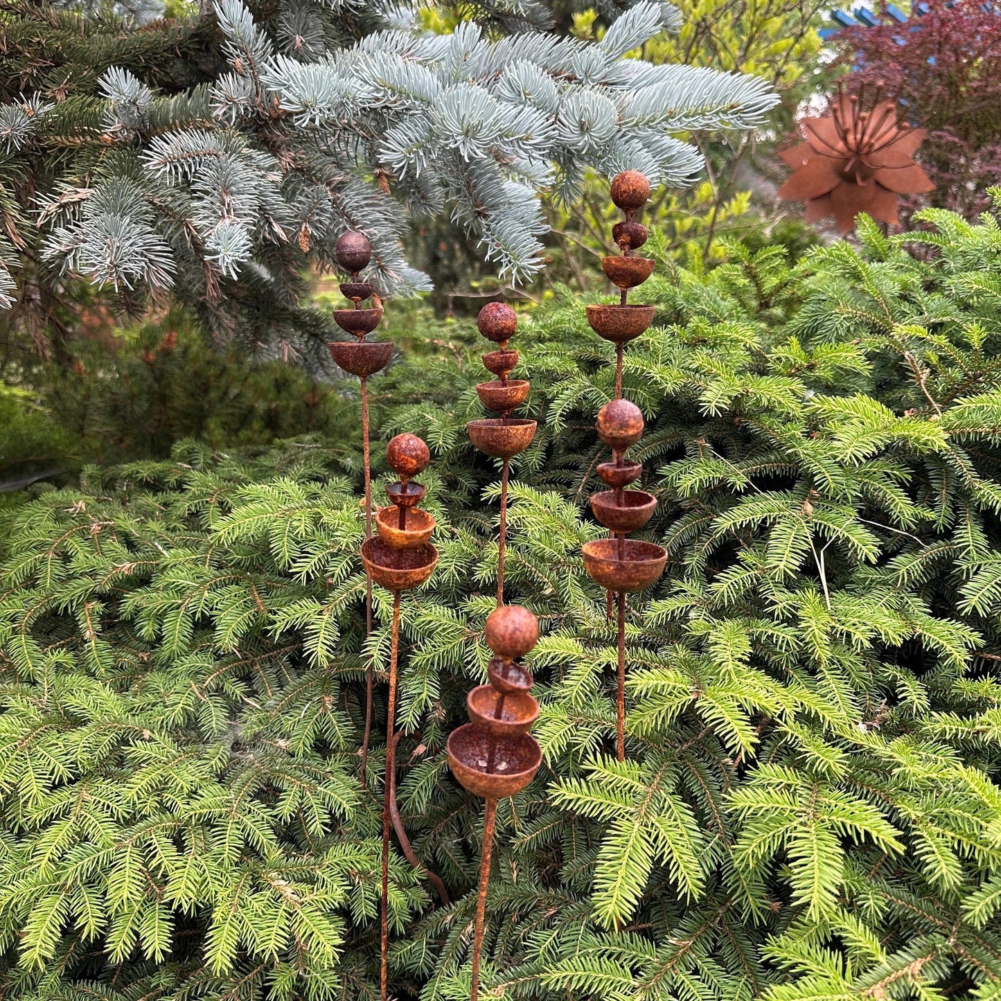 Set of 6 Rusty Tiny Flower Garden Stakes: Enhance Your Outdoor Space with Metal Flower Garden Decor and Metal Garden Decor.