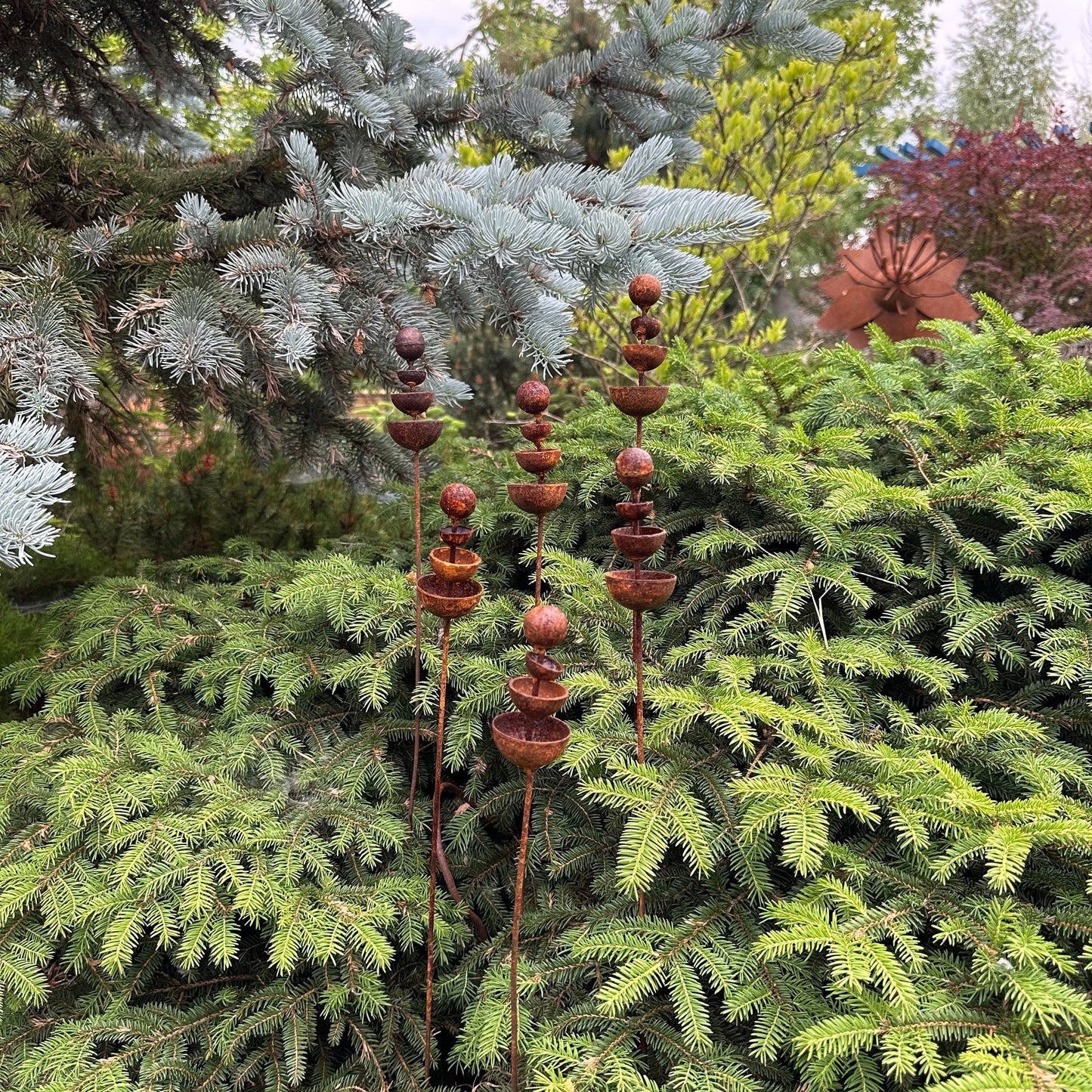 Set of 6 Rusty Tiny Flower Garden Stakes: Enhance Your Outdoor Space with Metal Flower Garden Decor and Metal Garden Decor.