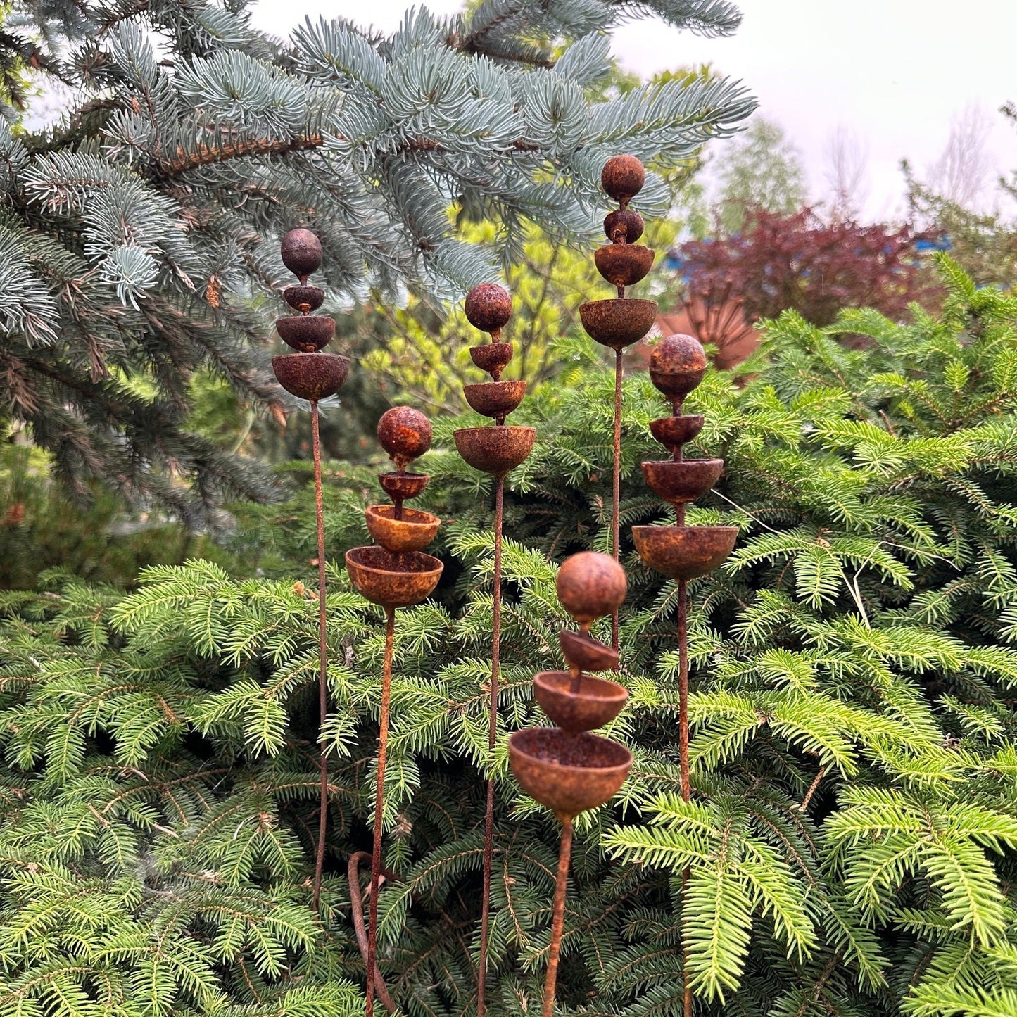 Set of 6 Rusty Tiny Flower Garden Stakes: Enhance Your Outdoor Space with Metal Flower Garden Decor and Metal Garden Decor.