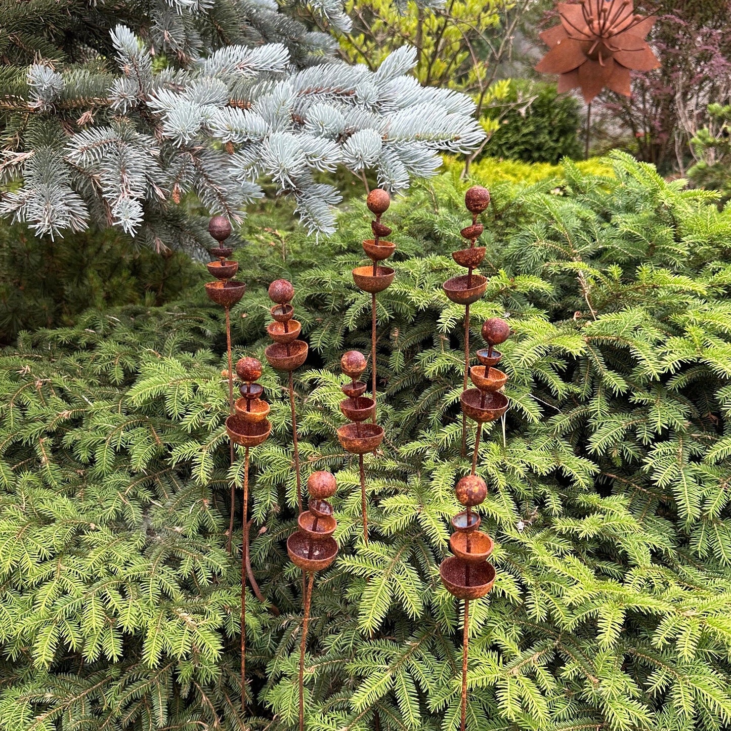 Set of 9 Rusty Tiny Flower Garden Stakes: Metal Flower Garden Decor, Perfect for Outdoor Metal Garden Decor.