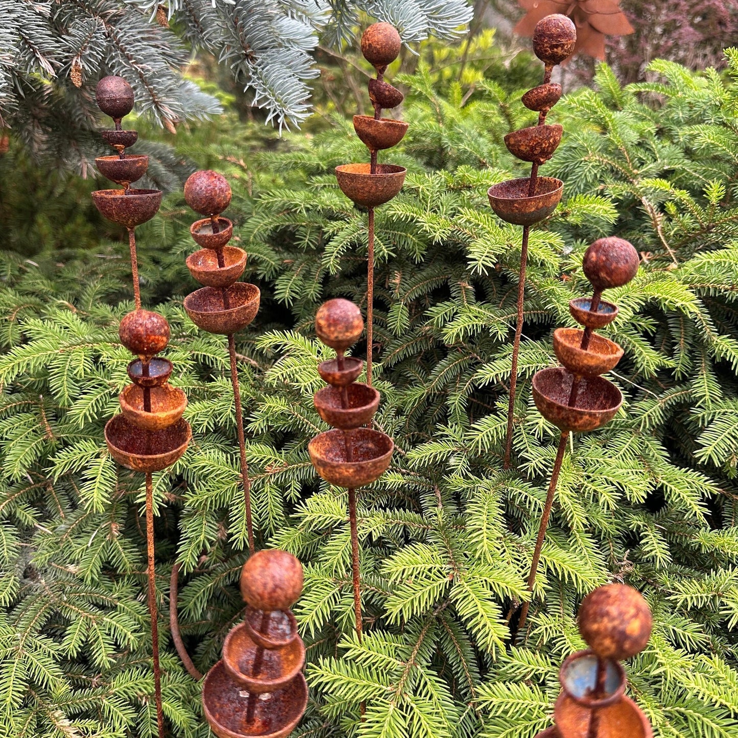 Set of 9 Rusty Tiny Flower Garden Stakes: Metal Flower Garden Decor, Perfect for Outdoor Metal Garden Decor.