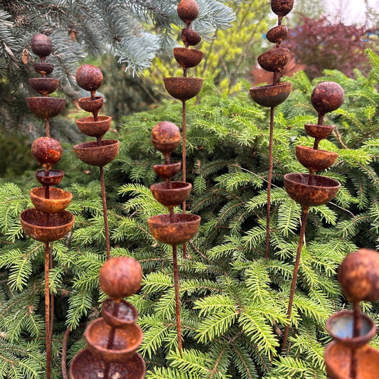 Set of 9 Rusty Tiny Flower Garden Stakes: Metal Flower Garden Decor, Perfect for Outdoor Metal Garden Decor.