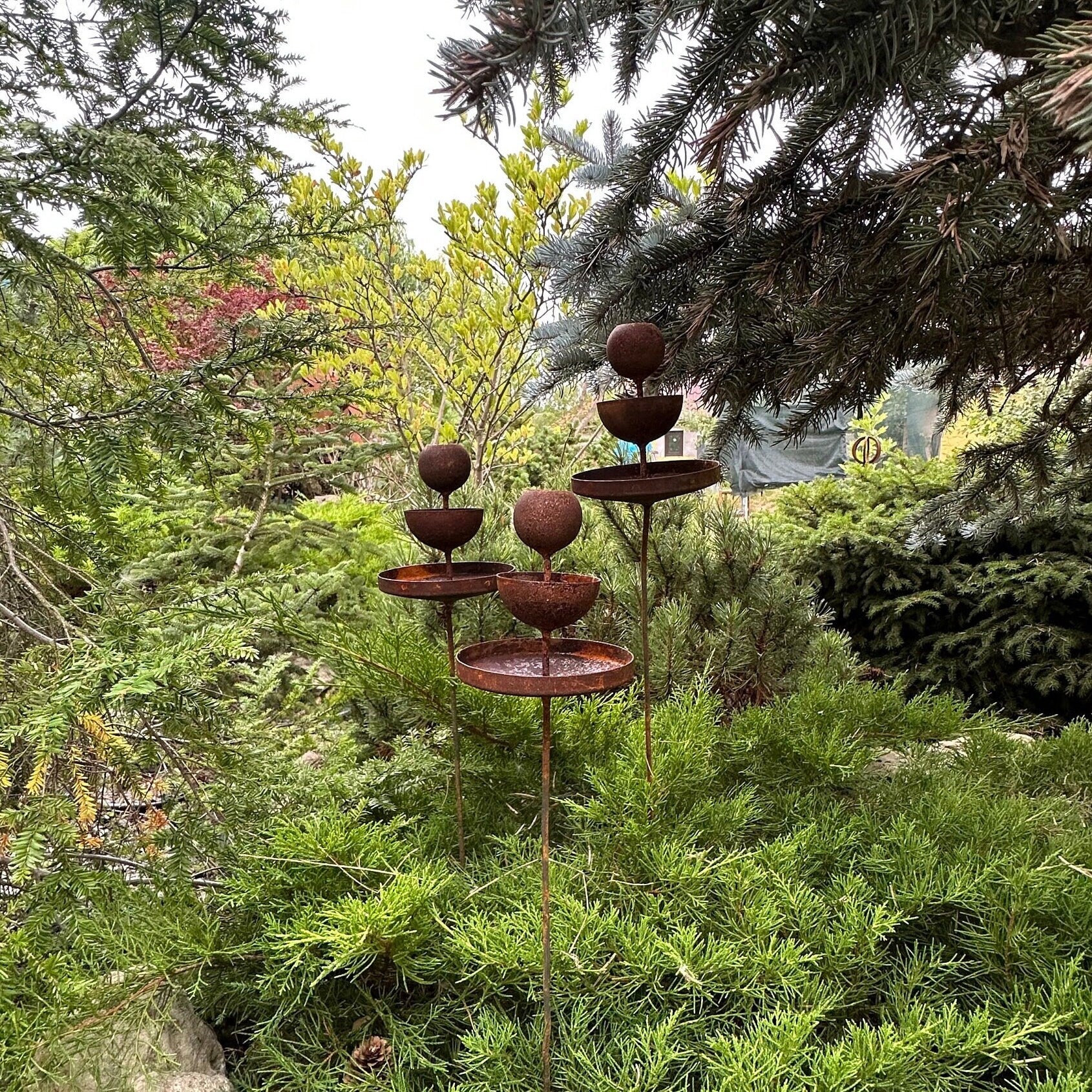 Rusty flower garden stakes, Metal rain catchers, Bird bath outdoor garden decor, Gift for garden admires