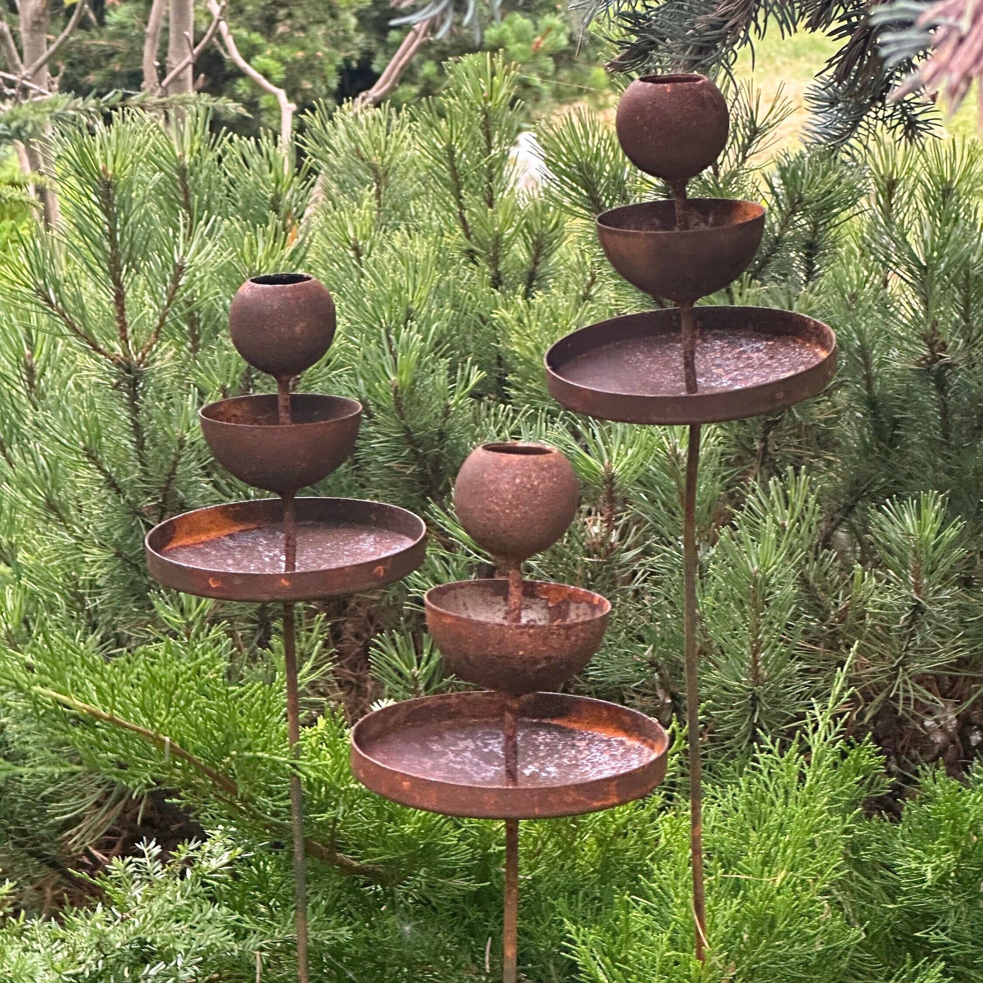 Rusty flower garden stakes, Metal rain catchers, Bird bath outdoor garden decor, Gift for garden admires