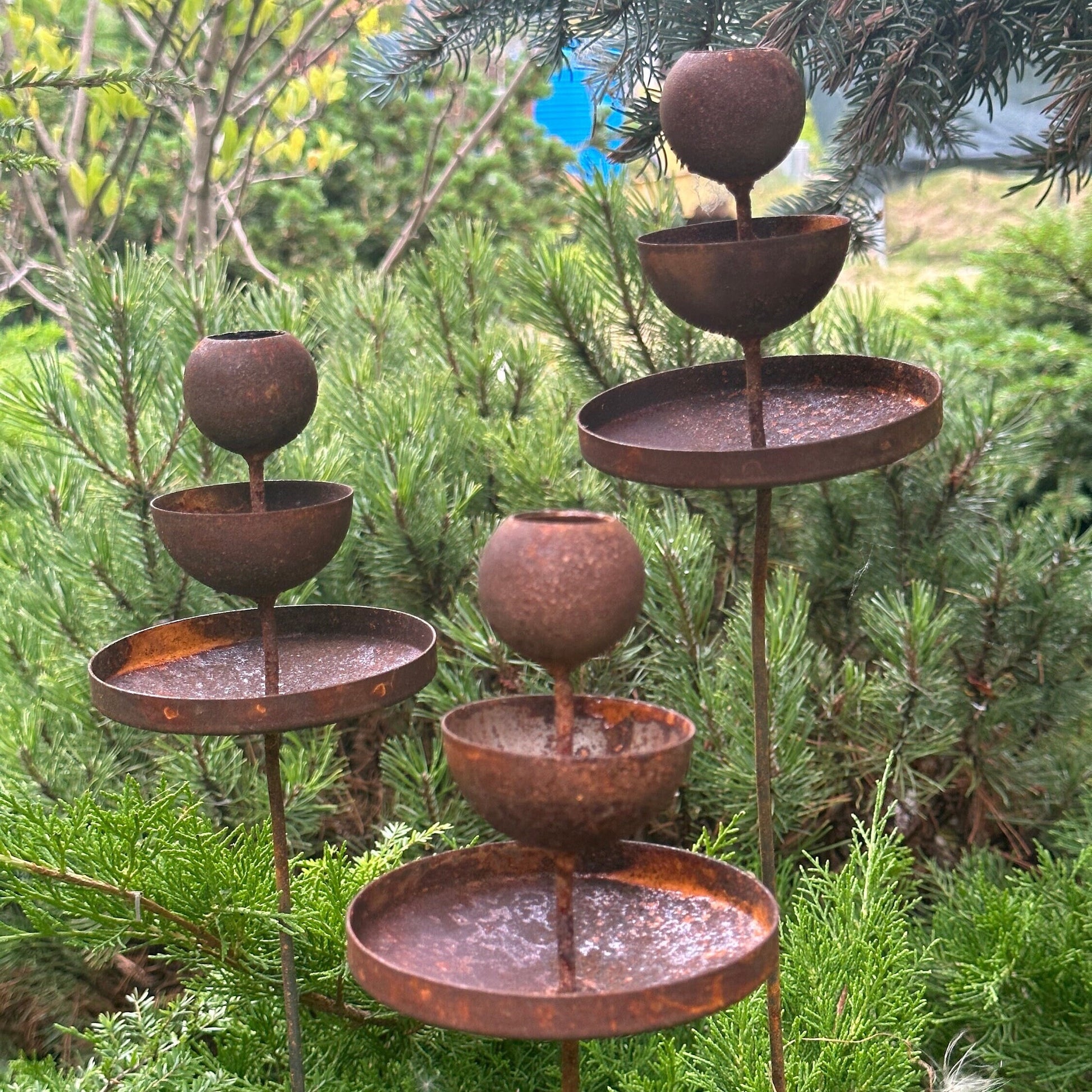 Rusty flower garden stakes, Metal rain catchers, Bird bath outdoor garden decor, Gift for garden admires