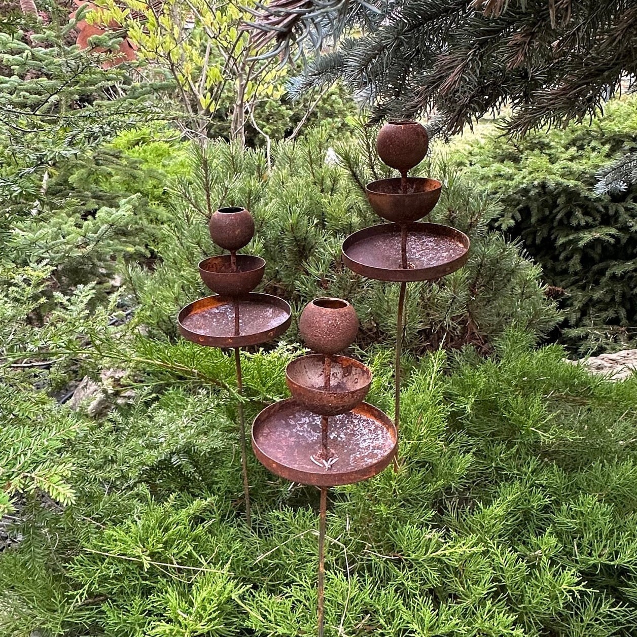 Rusty flower garden stakes, Metal rain catchers, Bird bath outdoor garden decor, Gift for garden admires