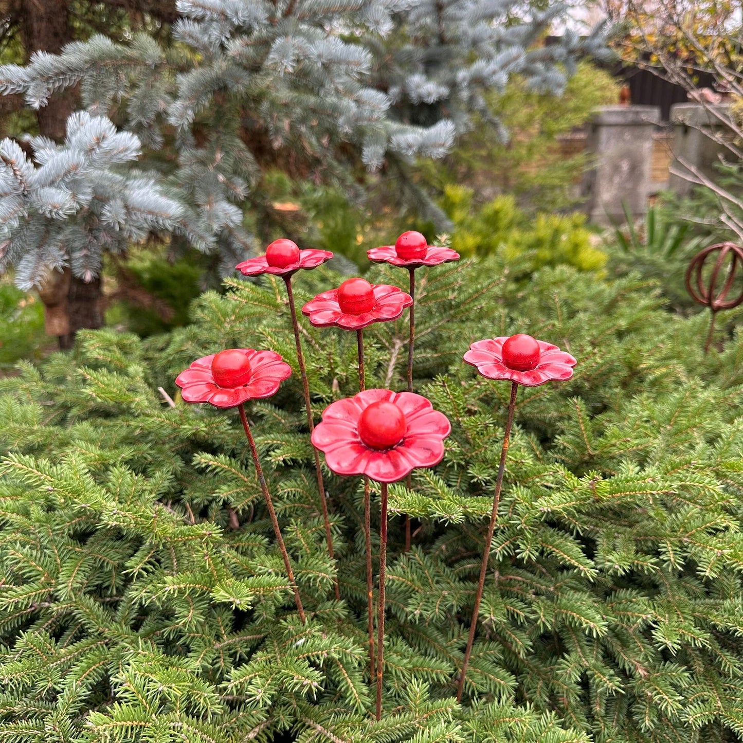 Metal flowers set, 6 Metal flowers garden stakes, Metal garden decor, metal yard art, outdoor metal decor, Metal garden decor