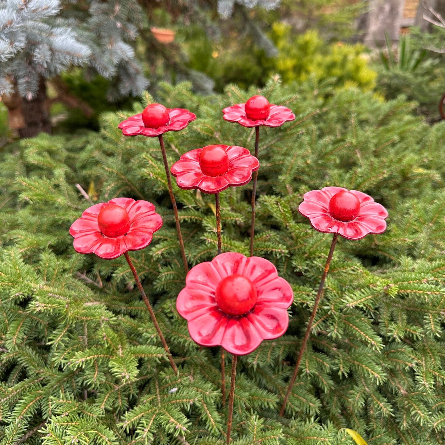 Metal flowers set, 6 Metal flowers garden stakes, Metal garden decor, metal yard art, outdoor metal decor, Metal garden decor