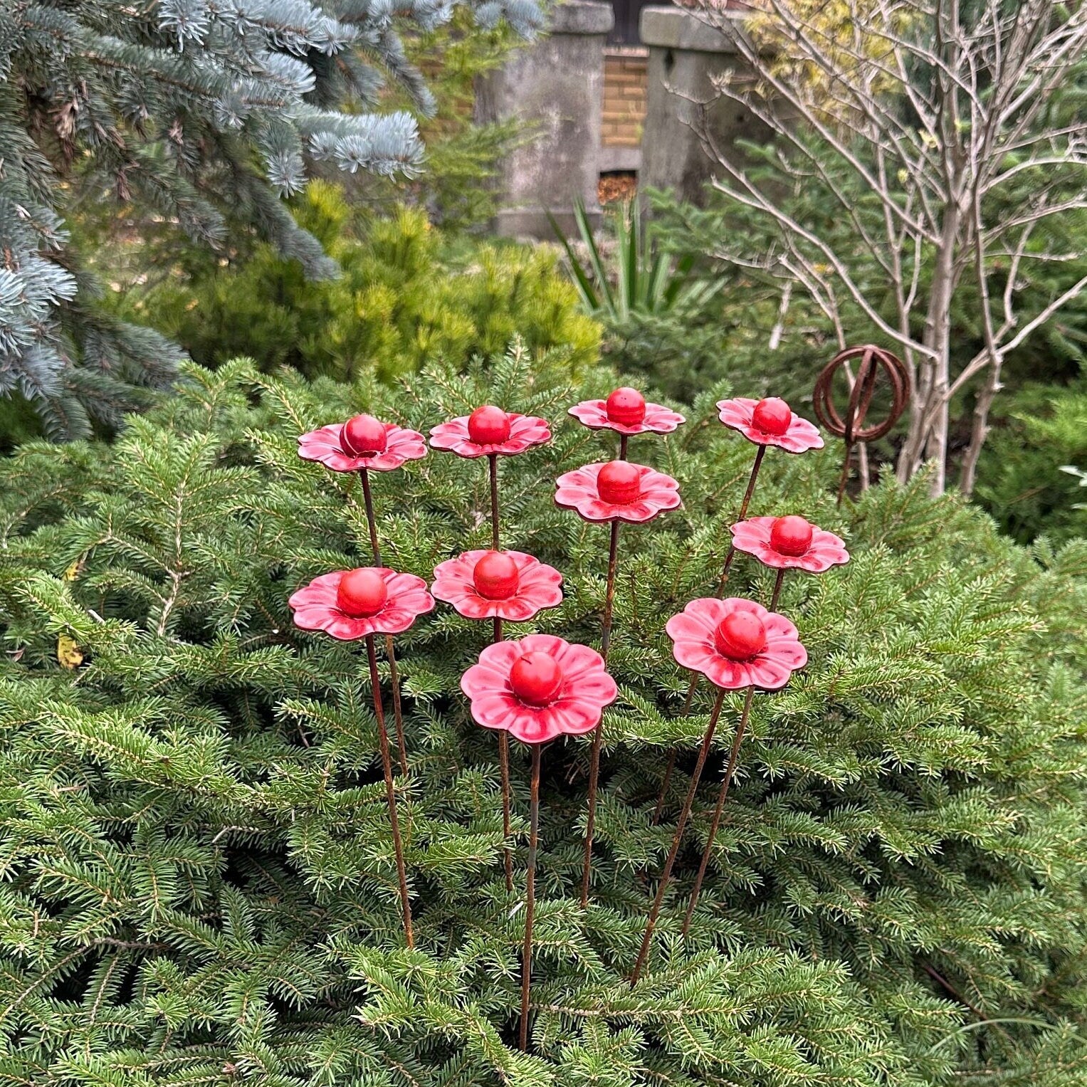 Metal flowers set of 10, Flower garden stakes, Metal garden decor, yard art, outdoor decor, garden art, Decor for garden, Outdoor art, Yard