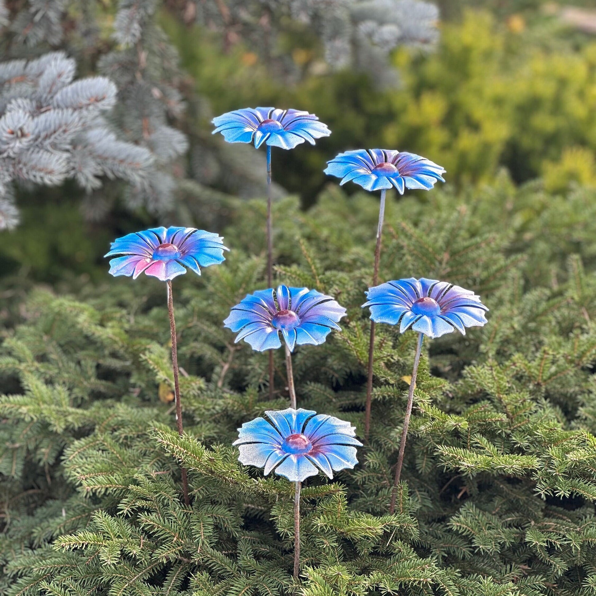 Six Elegant handmade blue metal flowers garden stakes outdoor decor -  Perfect for Outdoor Decor