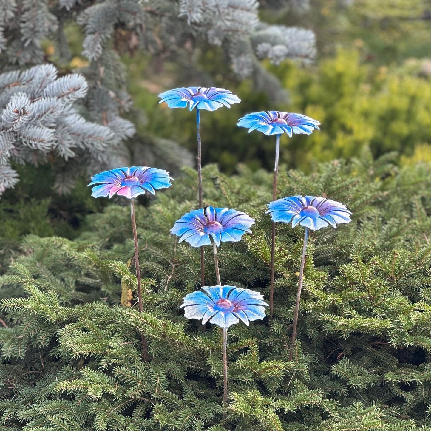 Six Elegant handmade blue metal flowers garden stakes outdoor decor -  Perfect for Outdoor Decor