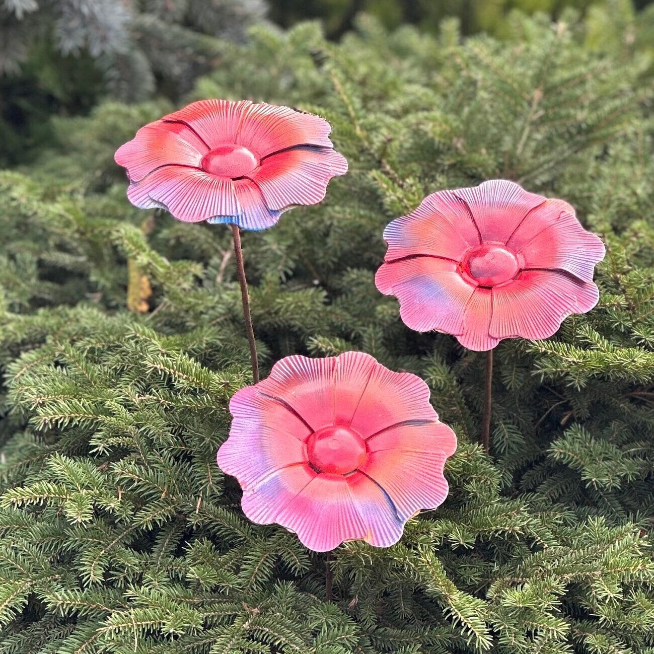 Metal flowers stakes set of 3, Garden stakes, Metal garden decor, metal yard art, outdoor metal decor, Garden art, Outdoor art, Flower stem