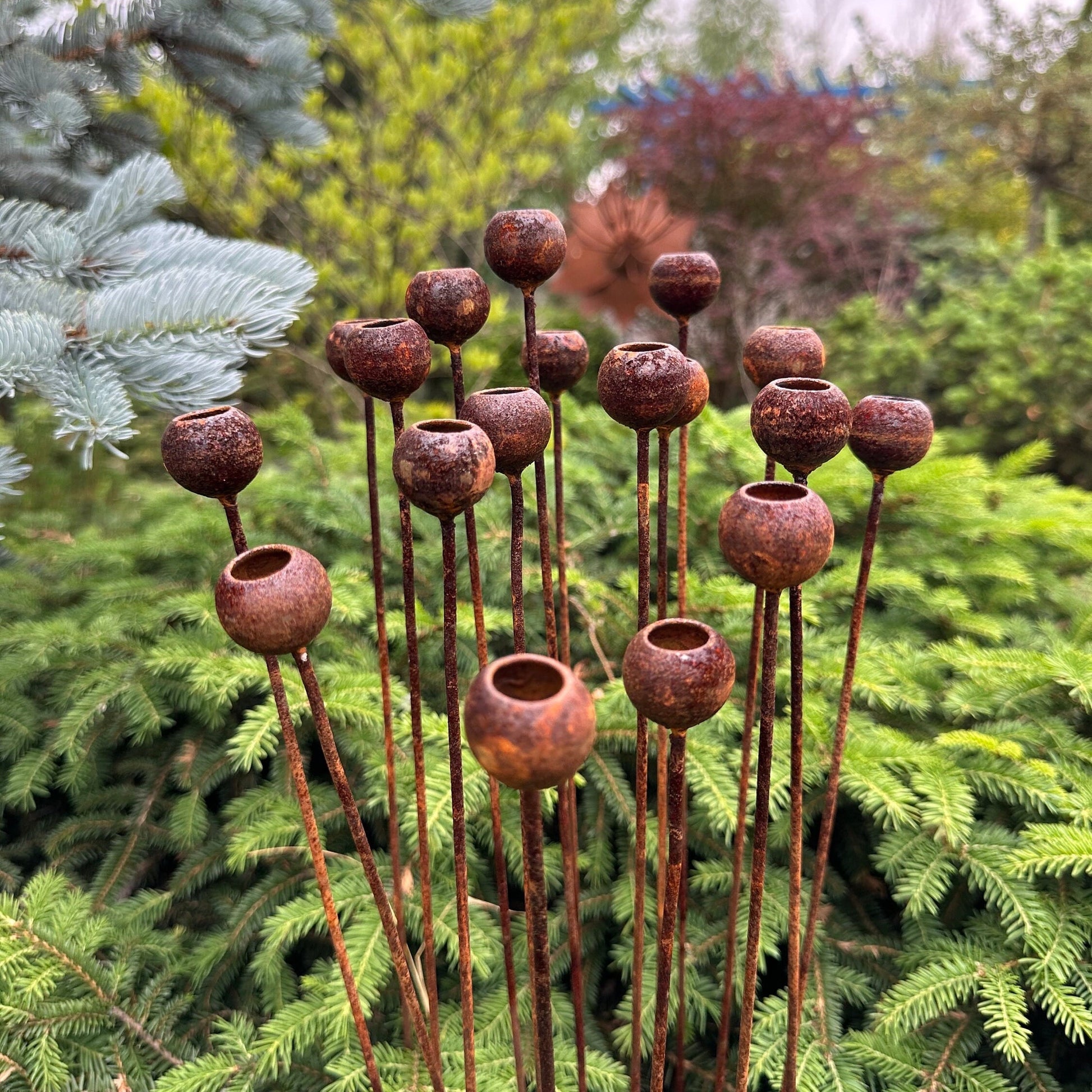 Set of 20 Rusty Tiny Flowers: Authentic Metal Garden Decor for Outdoor Beauty and Charm, Ideal for Metal Rain Catchers and Yard Art.