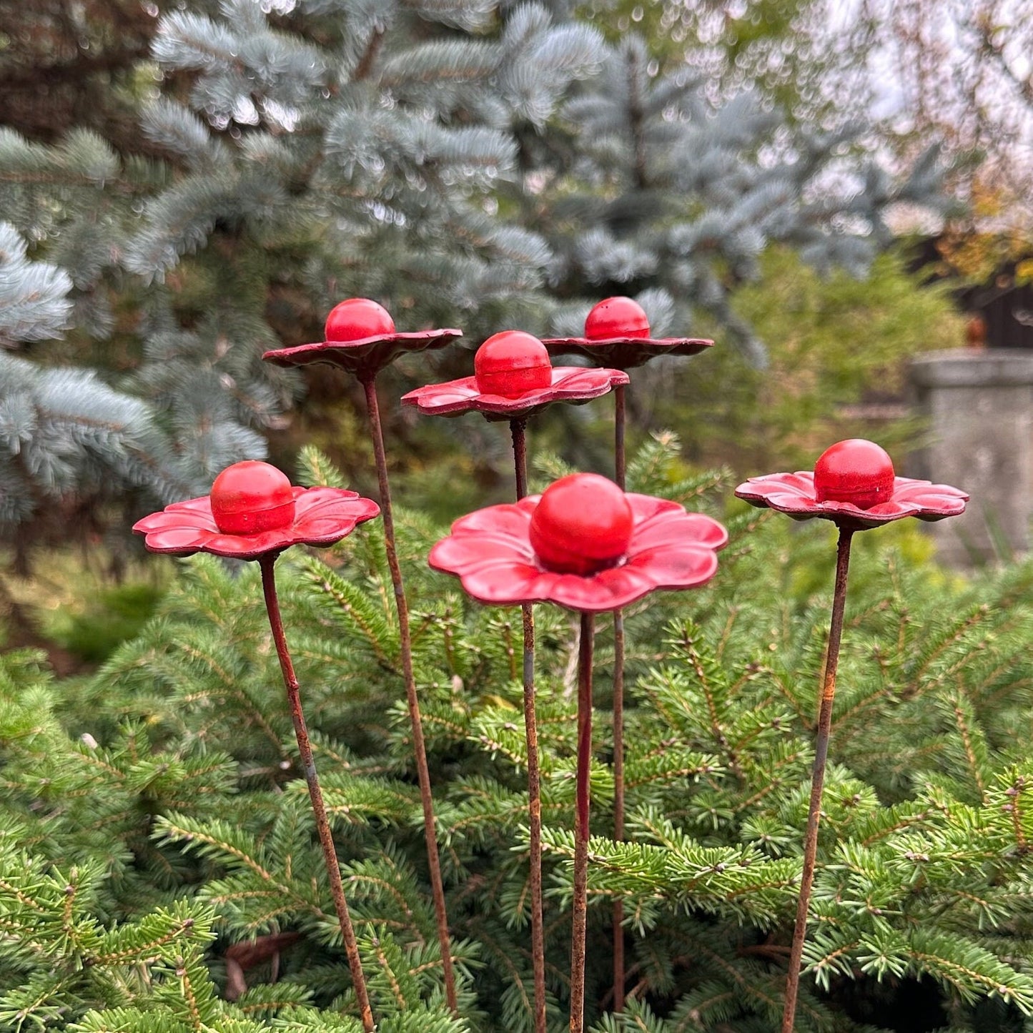 Metal flowers set, 6 Metal flowers garden stakes, Metal garden decor, metal yard art, outdoor metal decor, Metal garden decor