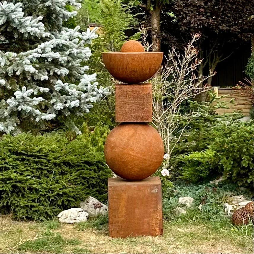 Simple Shapes Rusty Metal Modern Art - Minimalistic Totem Sculpture for Outdoor Decor