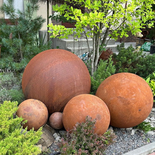 Big sculpture set of 35” , 27”, 20”, 14” and 10” Rusty Metal Spheres Outdoor Garden Decor - Zen Minimalistic Garden Globes Sculpture