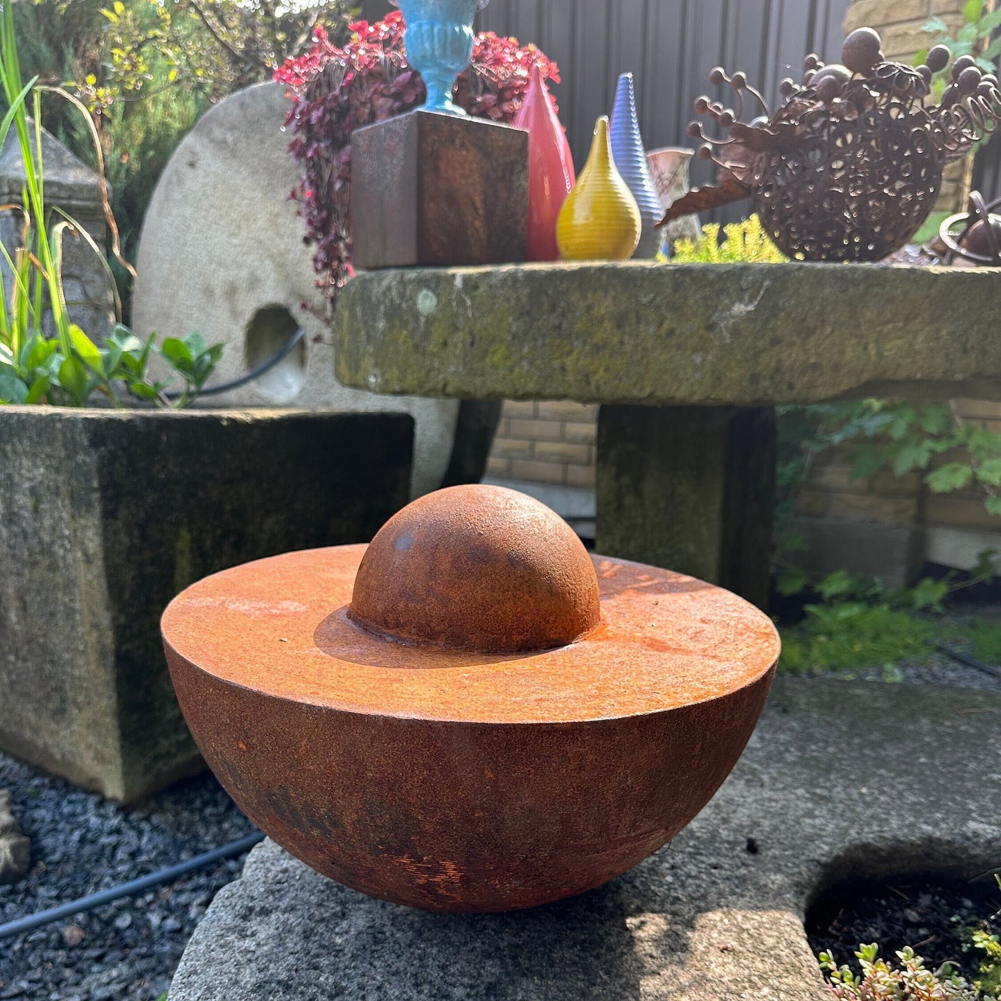 Unique Garden Accent: Contemporary Rusty Metal 14' Half Sphere Outdoor Sculpture - Minimalistic Art