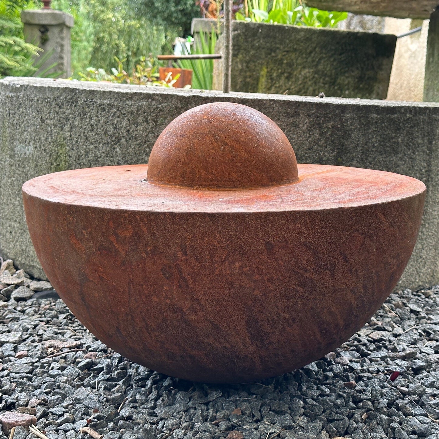 Unique Garden Accent: Contemporary Rusty Metal 20’' Half Sphere Outdoor Sculpture - Minimalistic Art