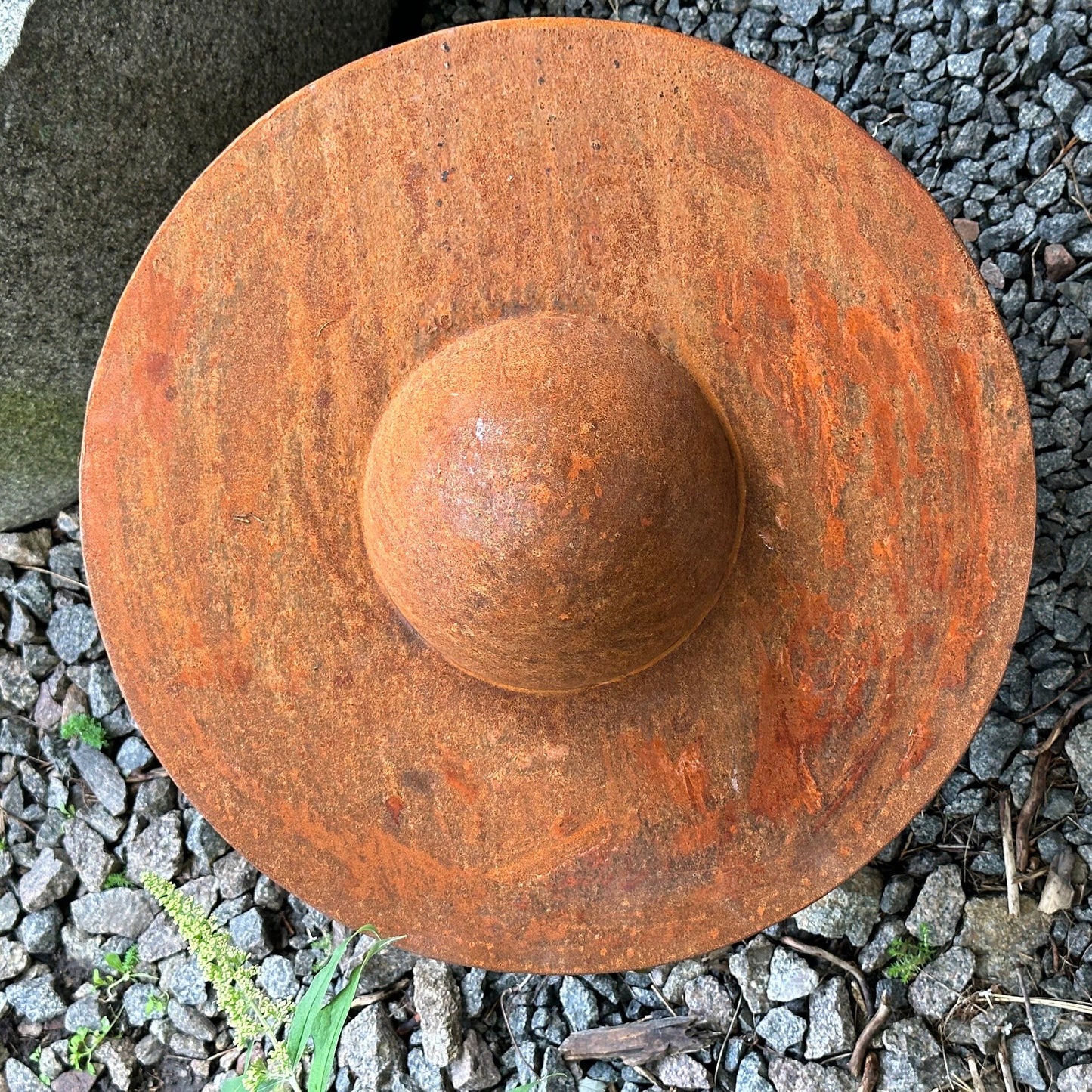 Unique Garden Accent: Contemporary Rusty Metal 20’' Half Sphere Outdoor Sculpture - Minimalistic Art