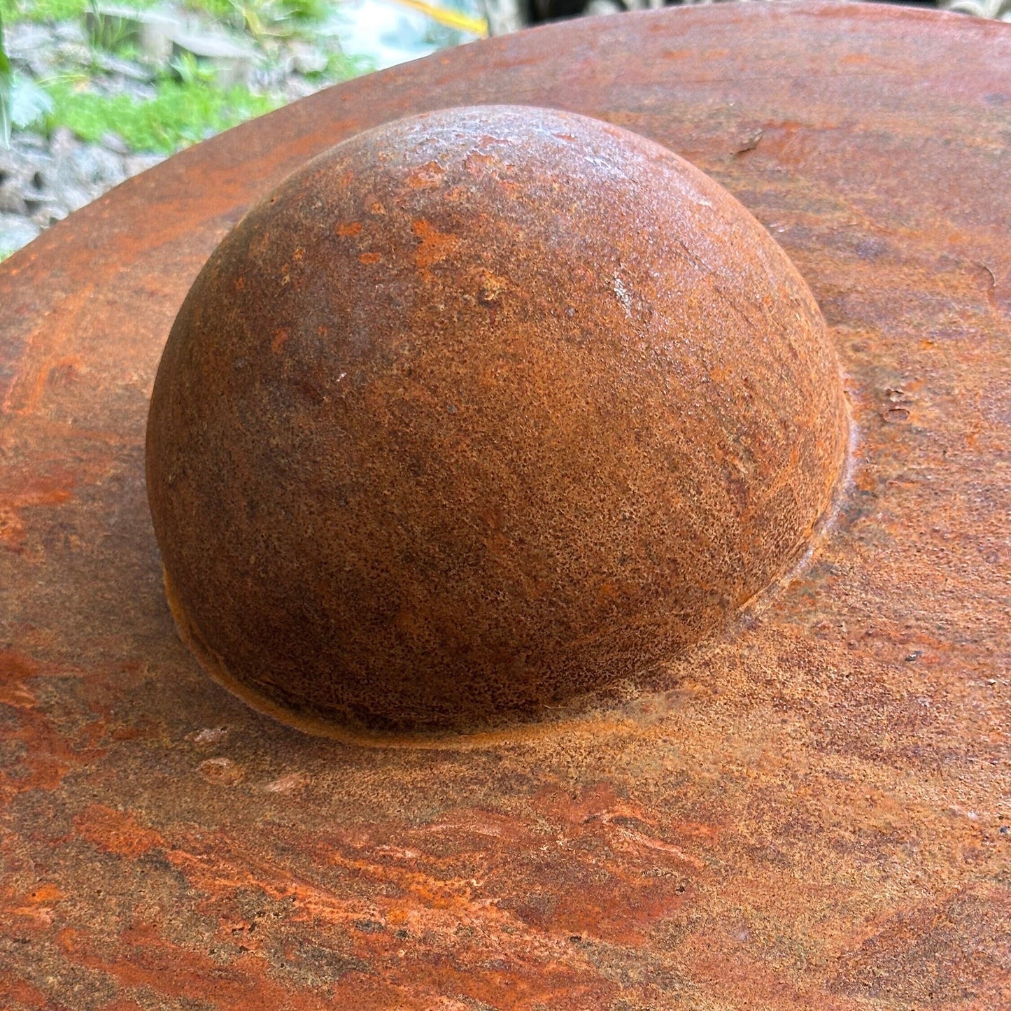 Unique Garden Accent: Contemporary Rusty Metal 20’' Half Sphere Outdoor Sculpture - Minimalistic Art