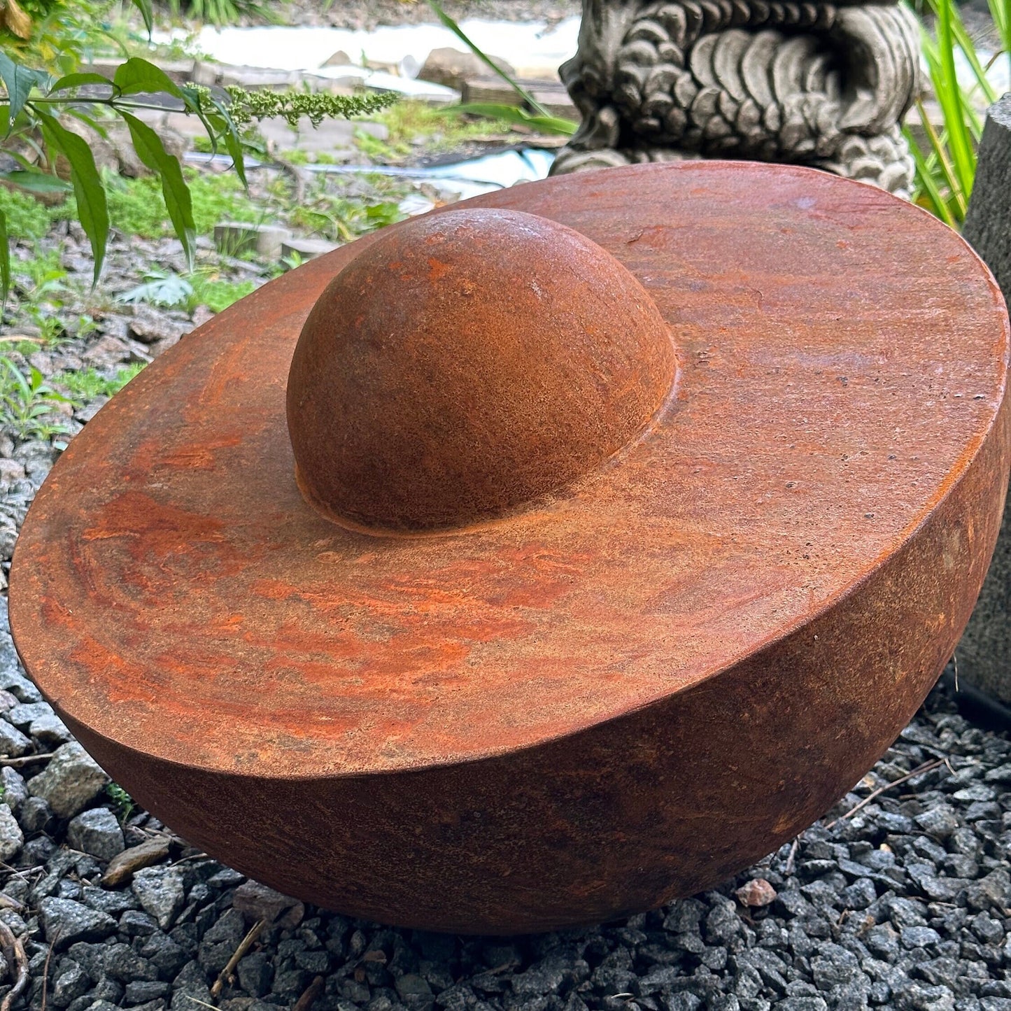 Unique Garden Accent: Contemporary Rusty Metal 20’' Half Sphere Outdoor Sculpture - Minimalistic Art