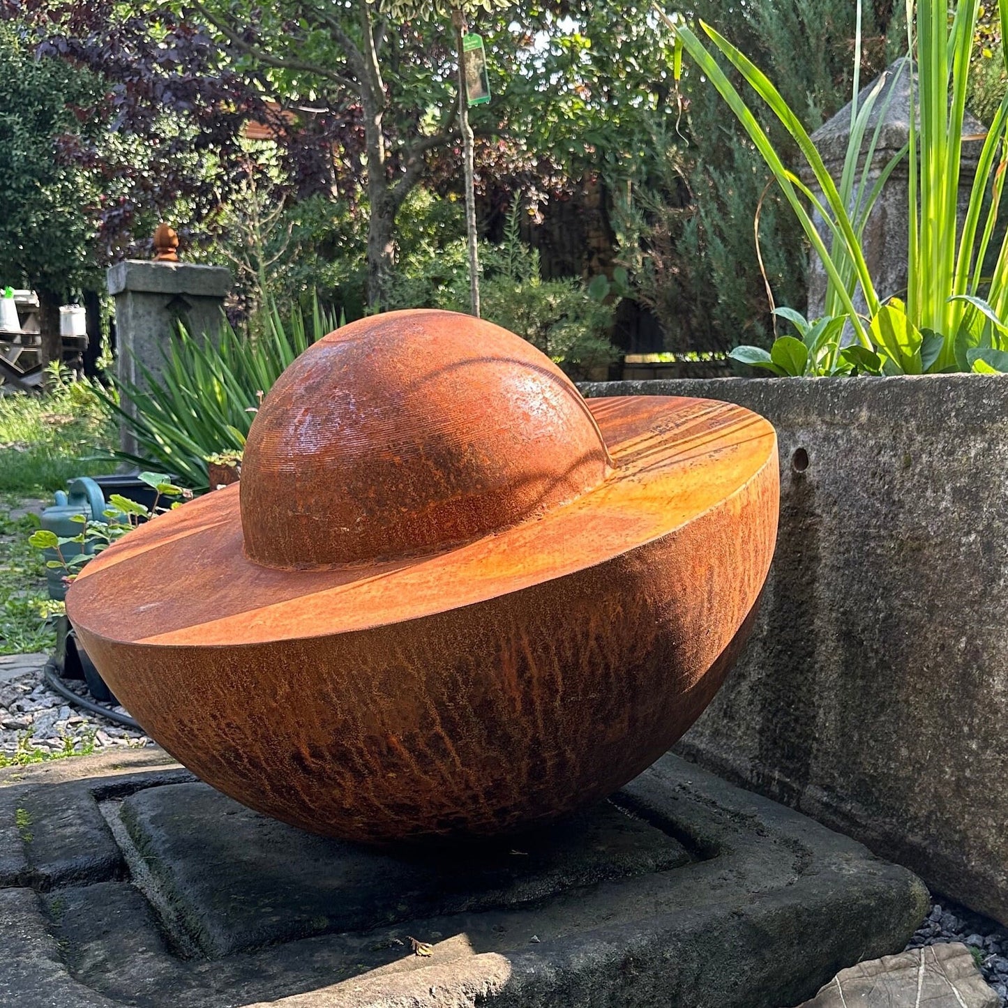 Unique Garden Accent: Contemporary Rusty Metal 27’' Half Sphere Outdoor Sculpture - Minimalistic Art