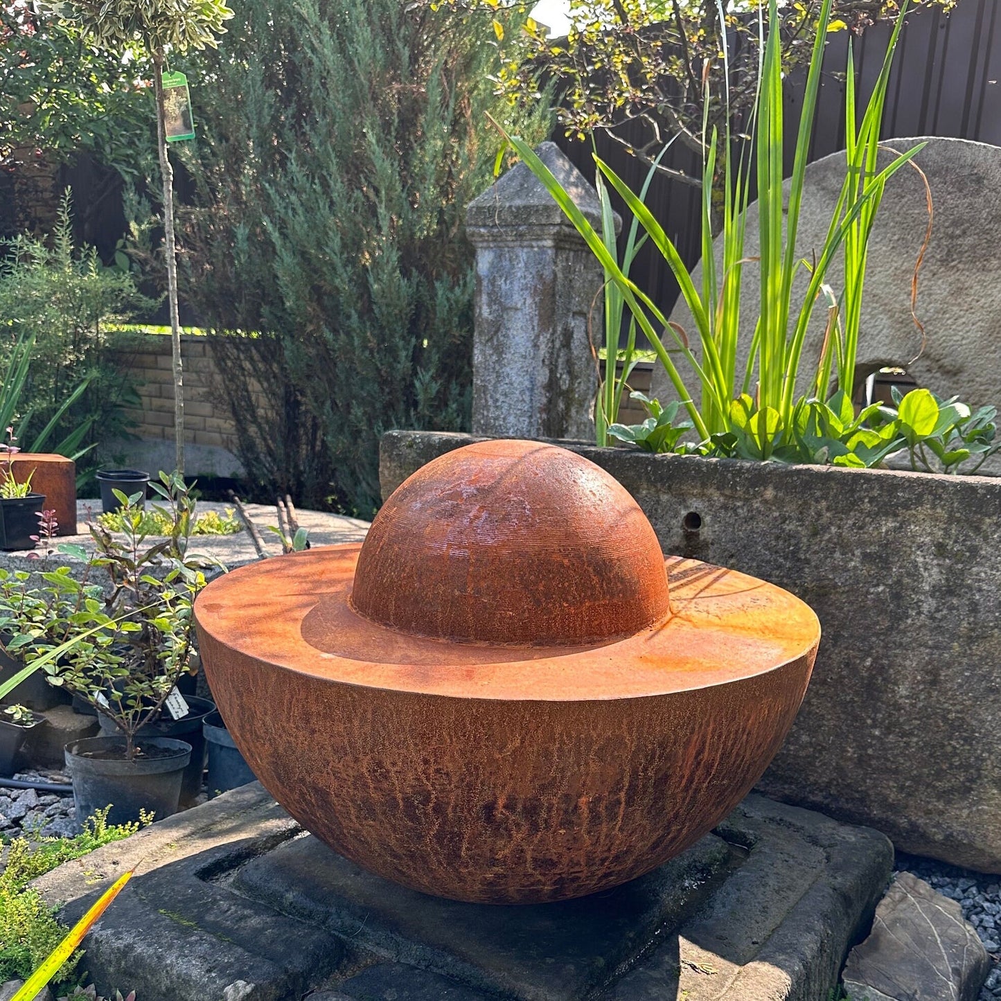 Unique Garden Accent: Contemporary Rusty Metal 27’' Half Sphere Outdoor Sculpture - Minimalistic Art