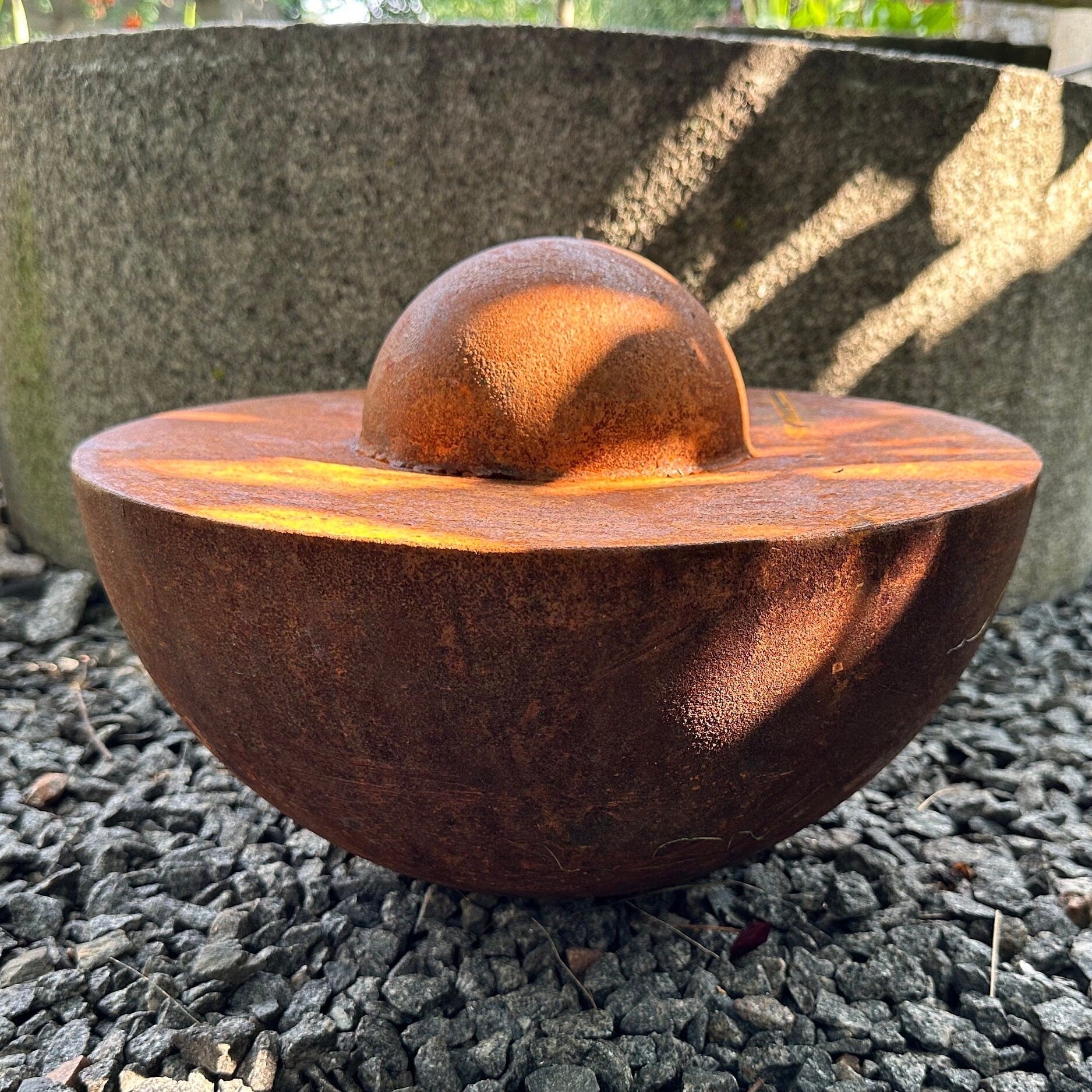 Unique Garden Accent: Contemporary Rusty Metal 14' Half Sphere Outdoor Sculpture - Minimalistic Art