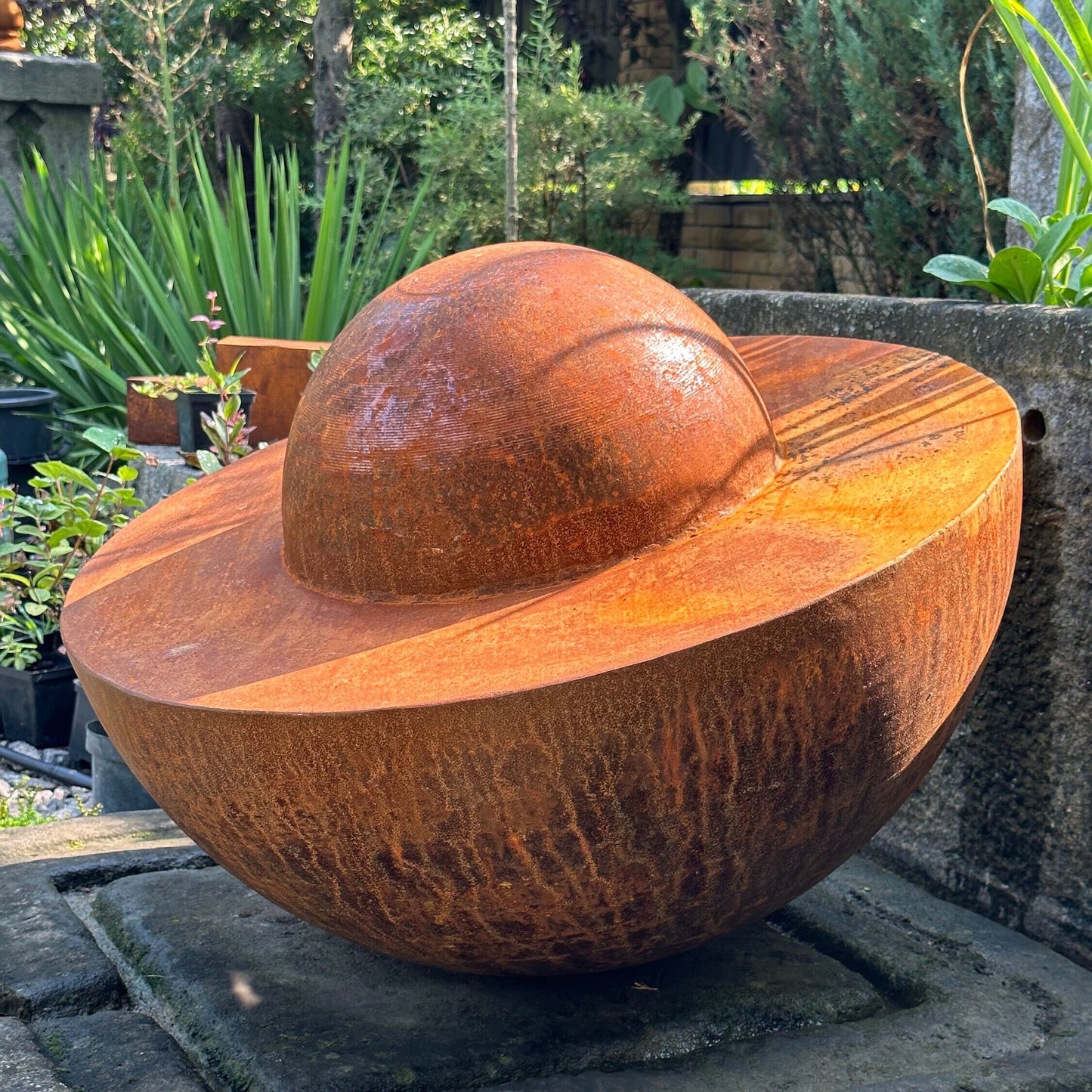 Unique Garden Accent: Contemporary Rusty Metal 27’' Half Sphere Outdoor Sculpture - Minimalistic Art