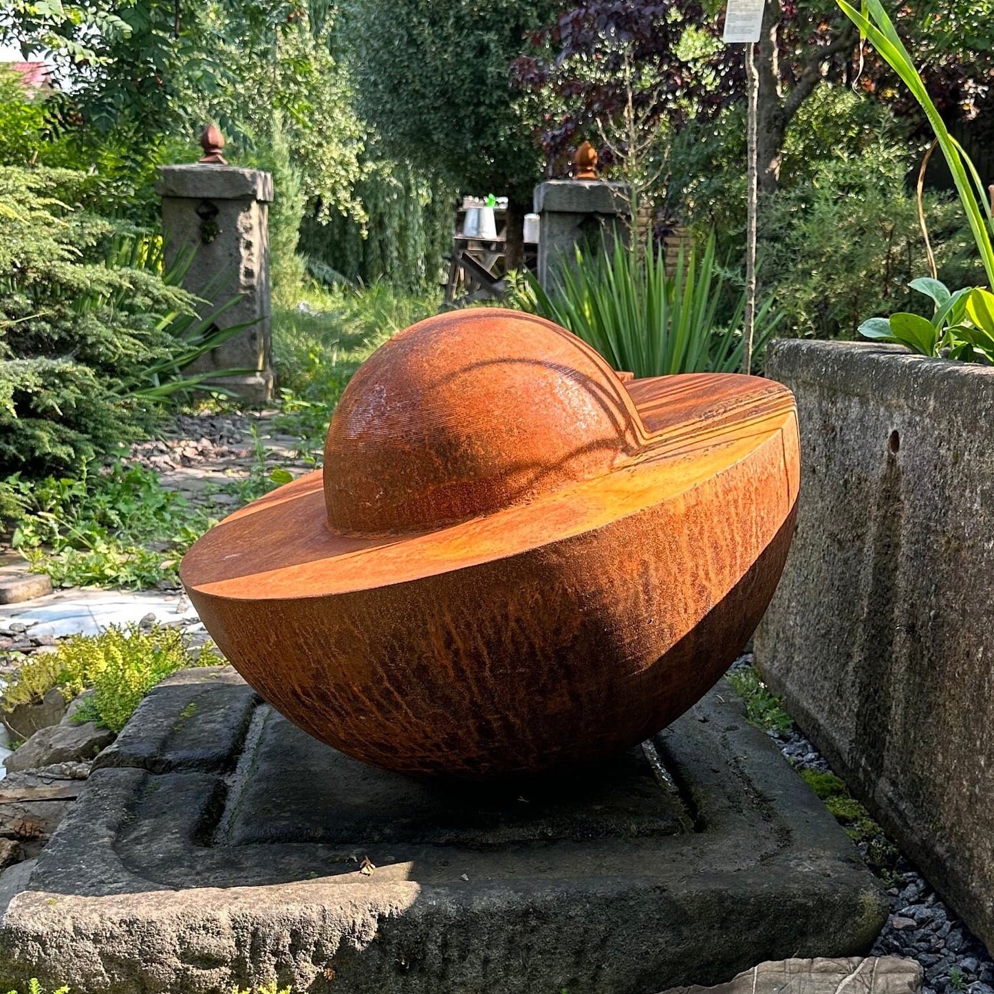 Unique Garden Accent: Contemporary Rusty Metal 27’' Half Sphere Outdoor Sculpture - Minimalistic Art