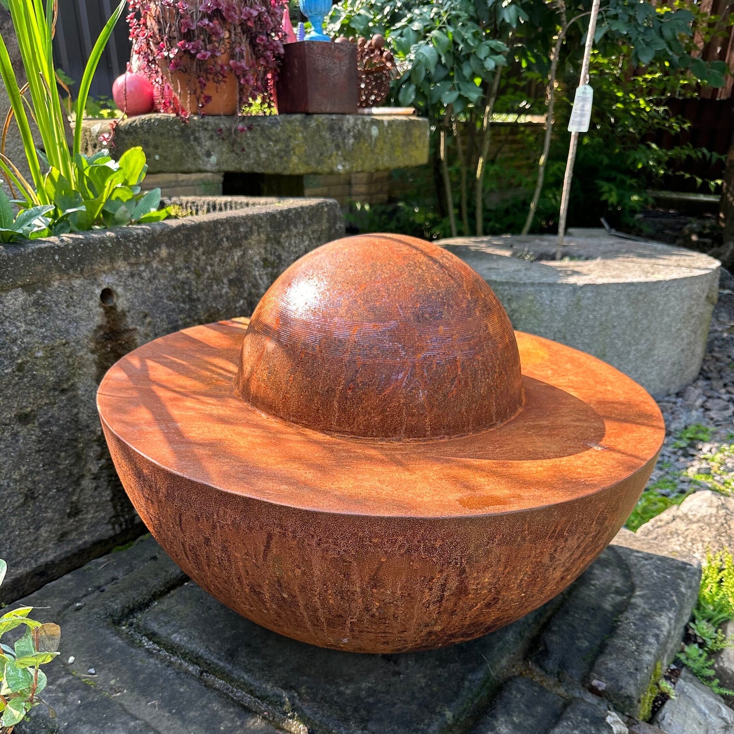 Unique Garden Accent: Contemporary Rusty Metal 27’' Half Sphere Outdoor Sculpture - Minimalistic Art