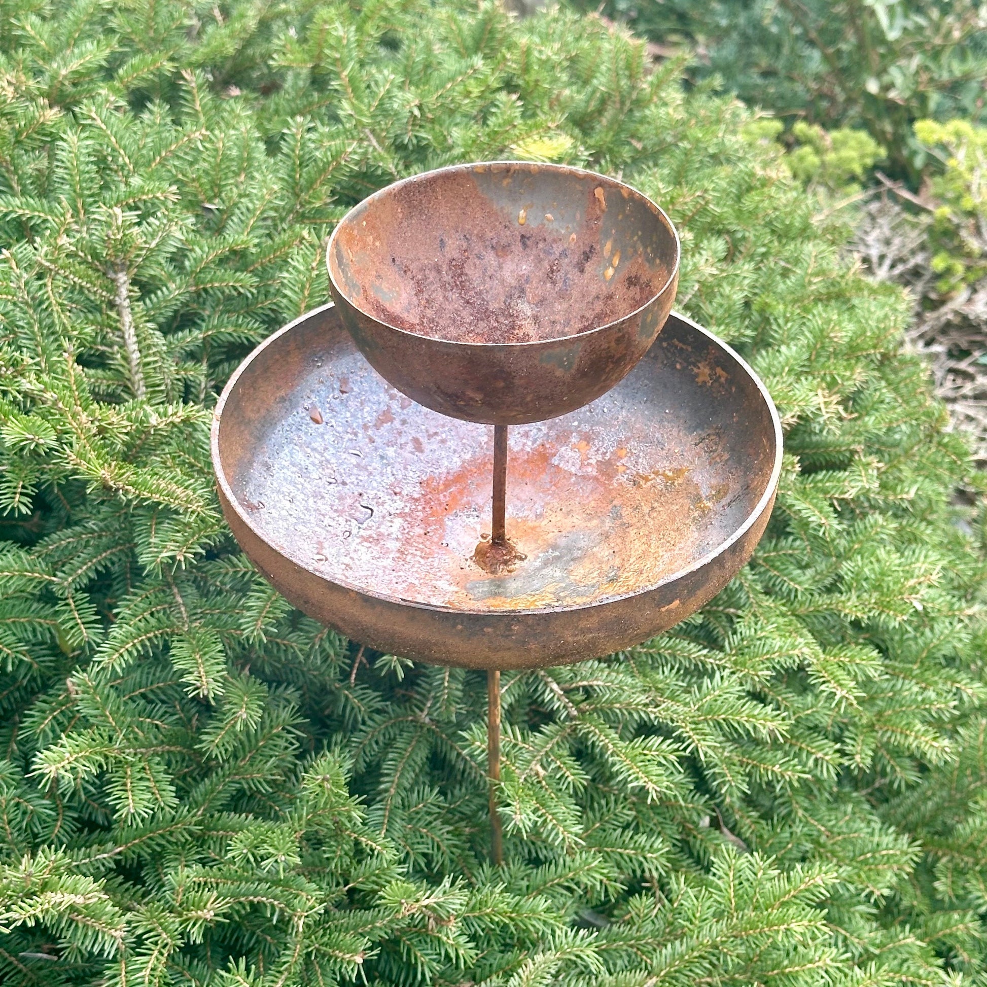 Rusty Metal Bird Feeder Garden Stakes, 8” Metal Rain Catchers