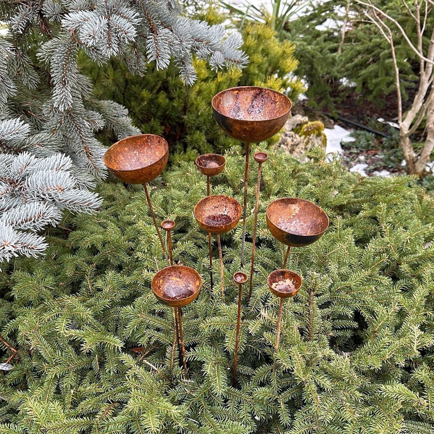 Rusty flower buds set of 10, Garden stakes garden decor, Metal garden decor, Metal sculpture, Outdoor metal decor, Rusty metal rain catchers