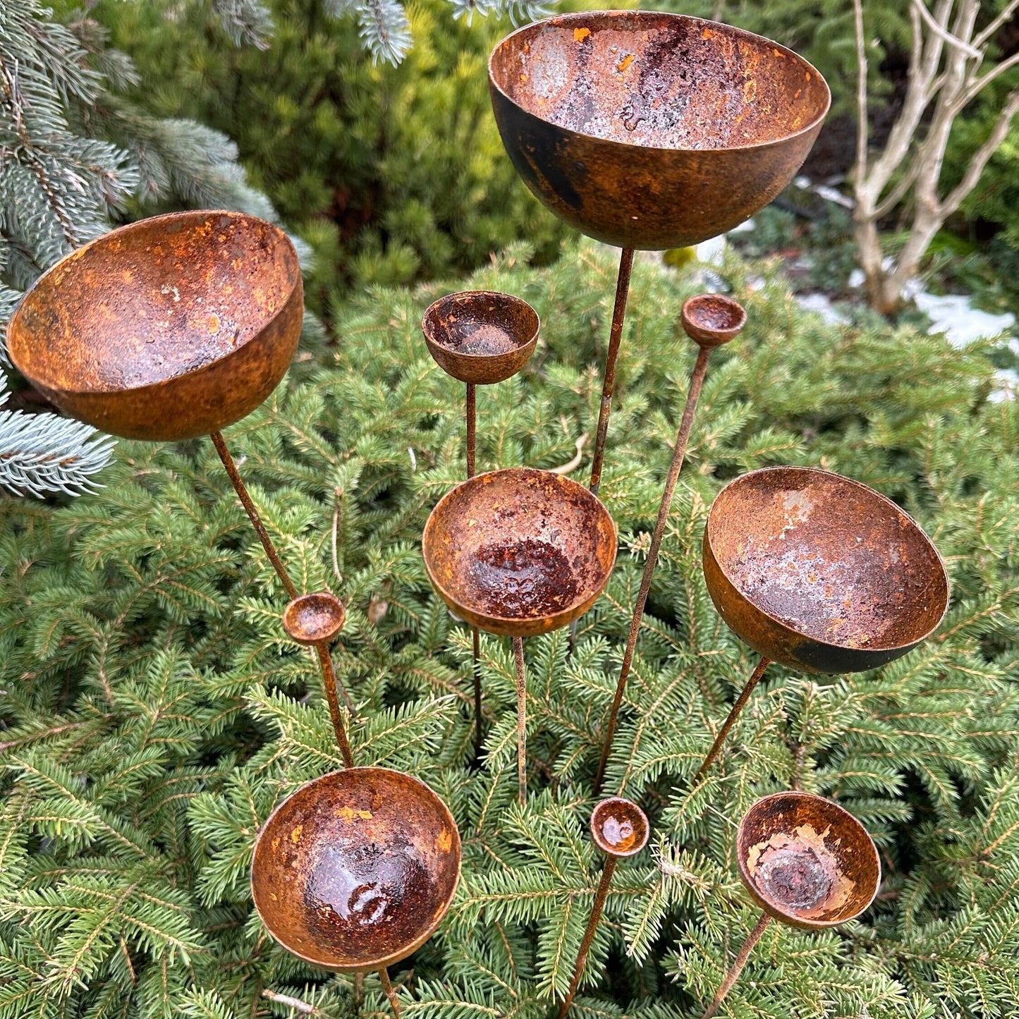 Rusty flower buds set of 10, Garden stakes garden decor, Metal garden decor, Metal sculpture, Outdoor metal decor, Rusty metal rain catchers