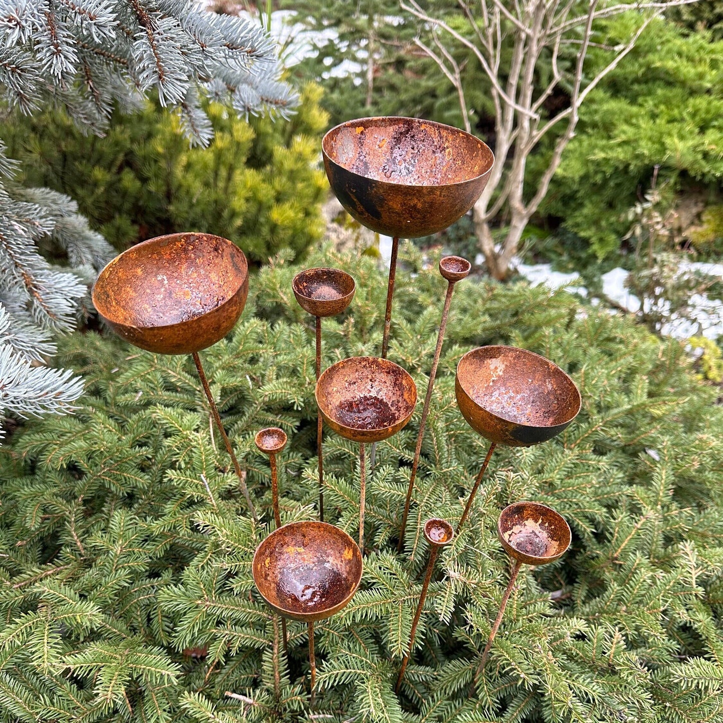Rusty flower buds set of 10, Garden stakes garden decor, Metal garden decor, Metal sculpture, Outdoor metal decor, Rusty metal rain catchers