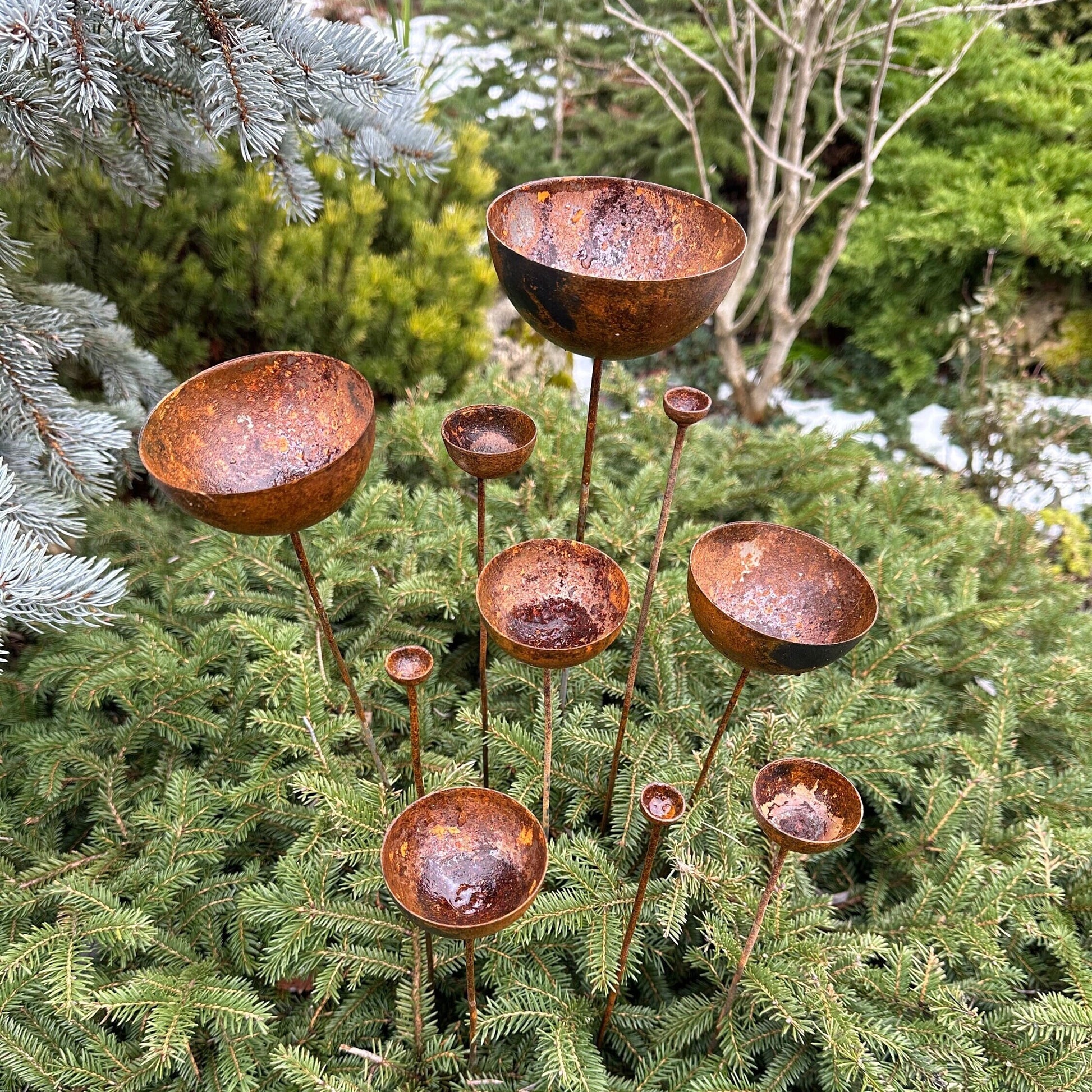 Rusty flower buds set of 10, Garden stakes garden decor, Metal garden decor, Metal sculpture, Outdoor metal decor, Rusty metal rain catchers
