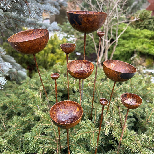 Rusty flower buds set of 10, Garden stakes garden decor, Metal garden decor, Metal sculpture, Outdoor metal decor, Rusty metal rain catchers