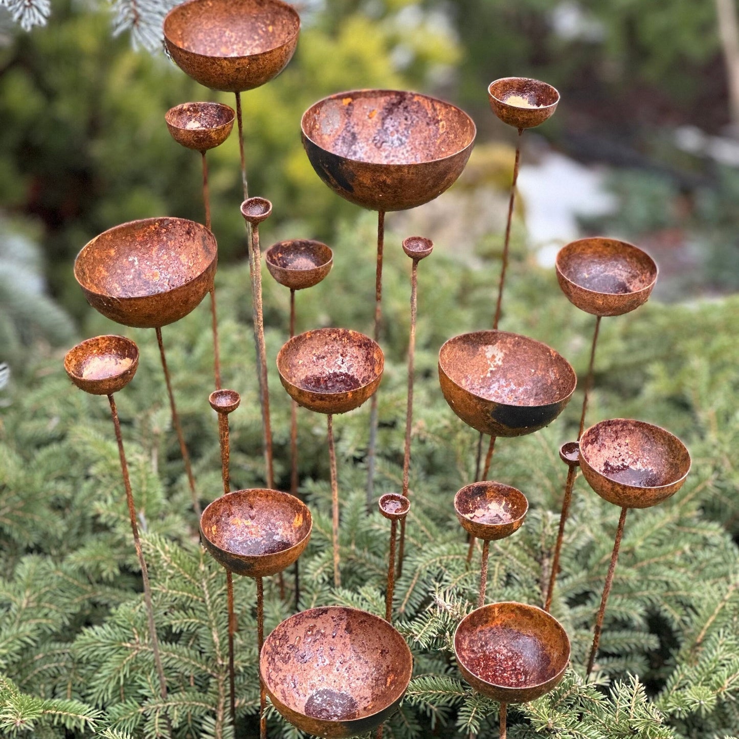 Rusty flowers set of 20, Metal rain catchers, yard art, outdoor metal decor, Rusty metal garden stakes