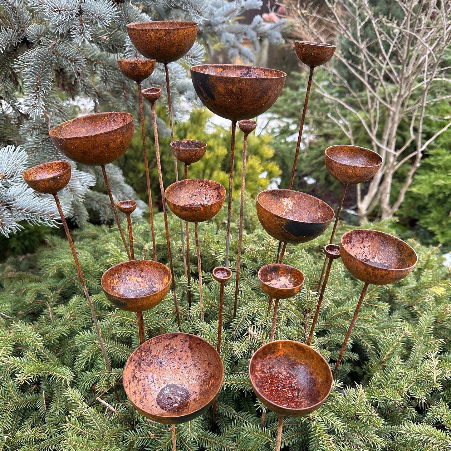 Rusty flowers set of 20, Metal rain catchers, yard art, outdoor metal decor, Rusty metal garden stakes