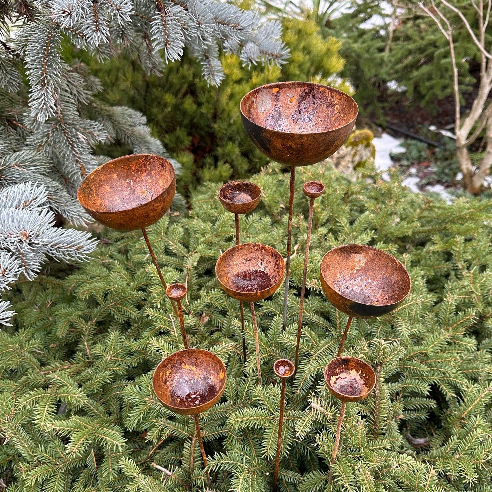 Rusty flower buds set of 10, Garden stakes garden decor, Metal garden decor, Metal sculpture, Outdoor metal decor, Rusty metal rain catchers