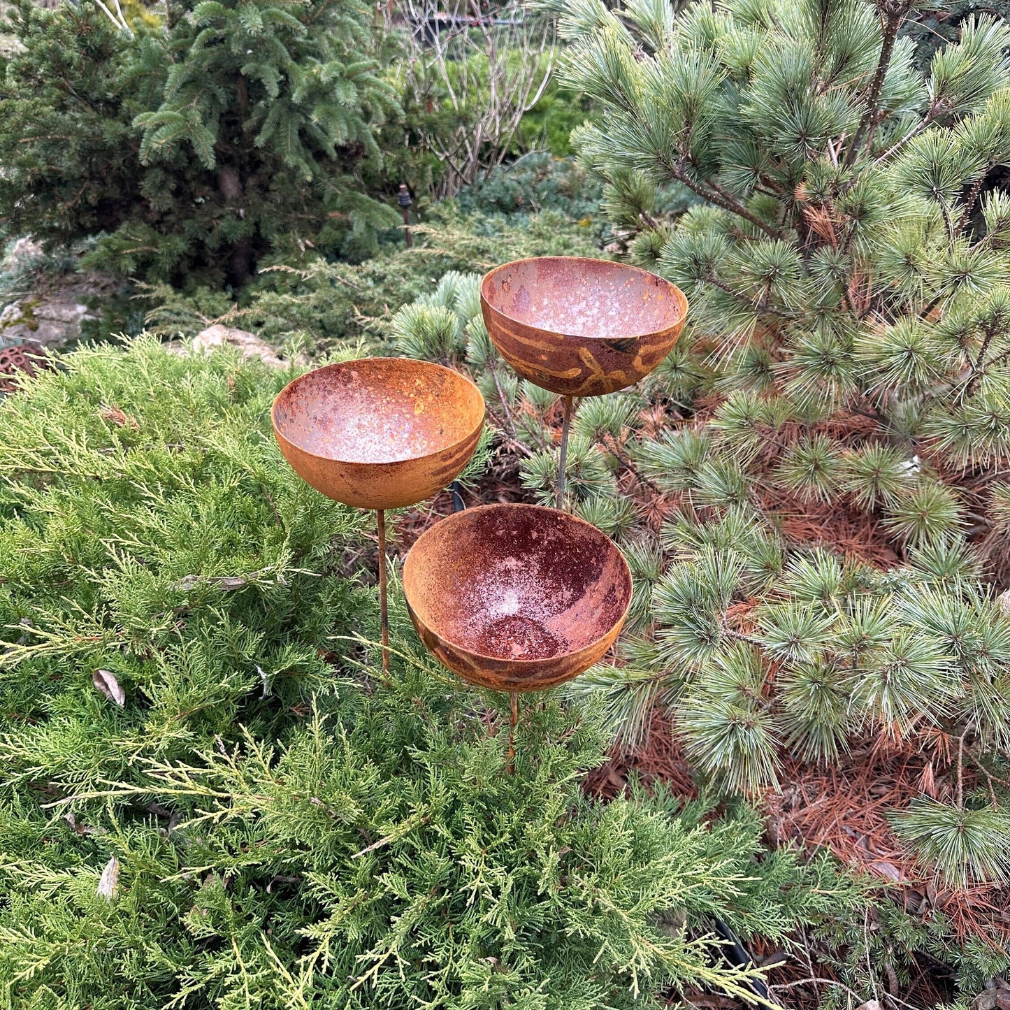 Rusty flower garden stakes, Three 6” Metal rain catchers, Bird bath outdoor garden decor