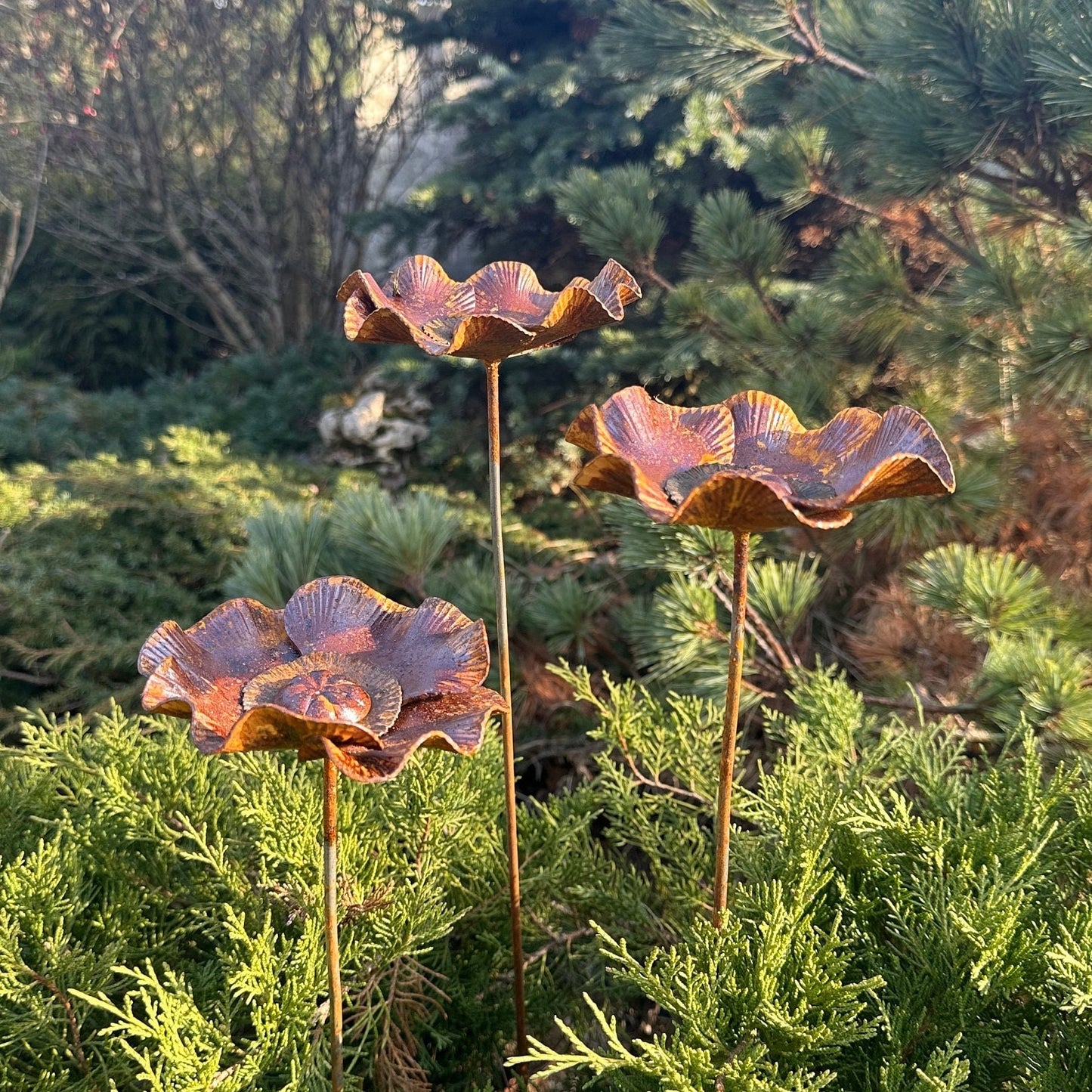 Rusty flowers set of 3, Poppy flowers garden stakes, Metal garden decor, metal yard art, outdoor metal decor, Rusty metal garden decor