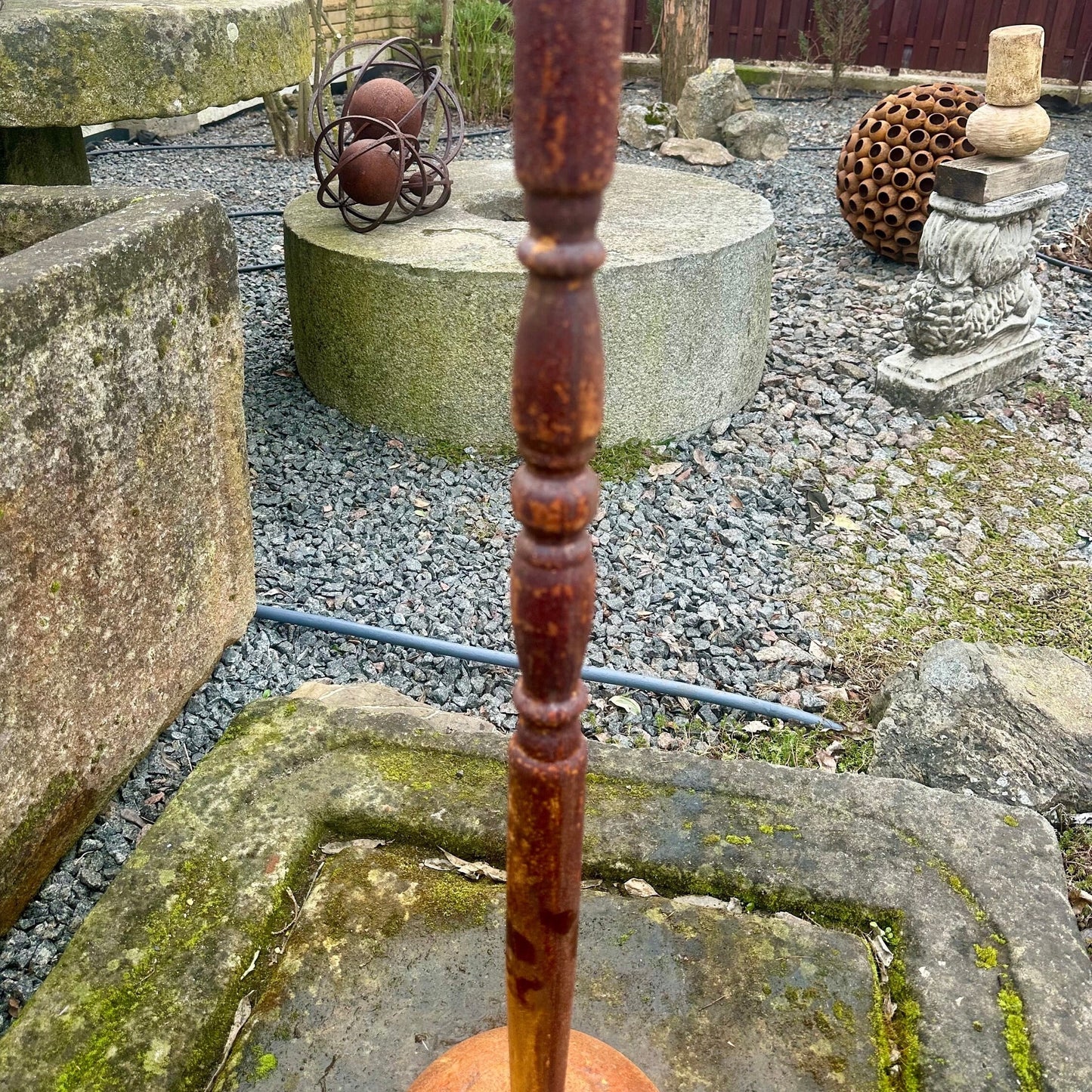 Rain catcher 7”, Rusty metal flower garden stakes, 40” height