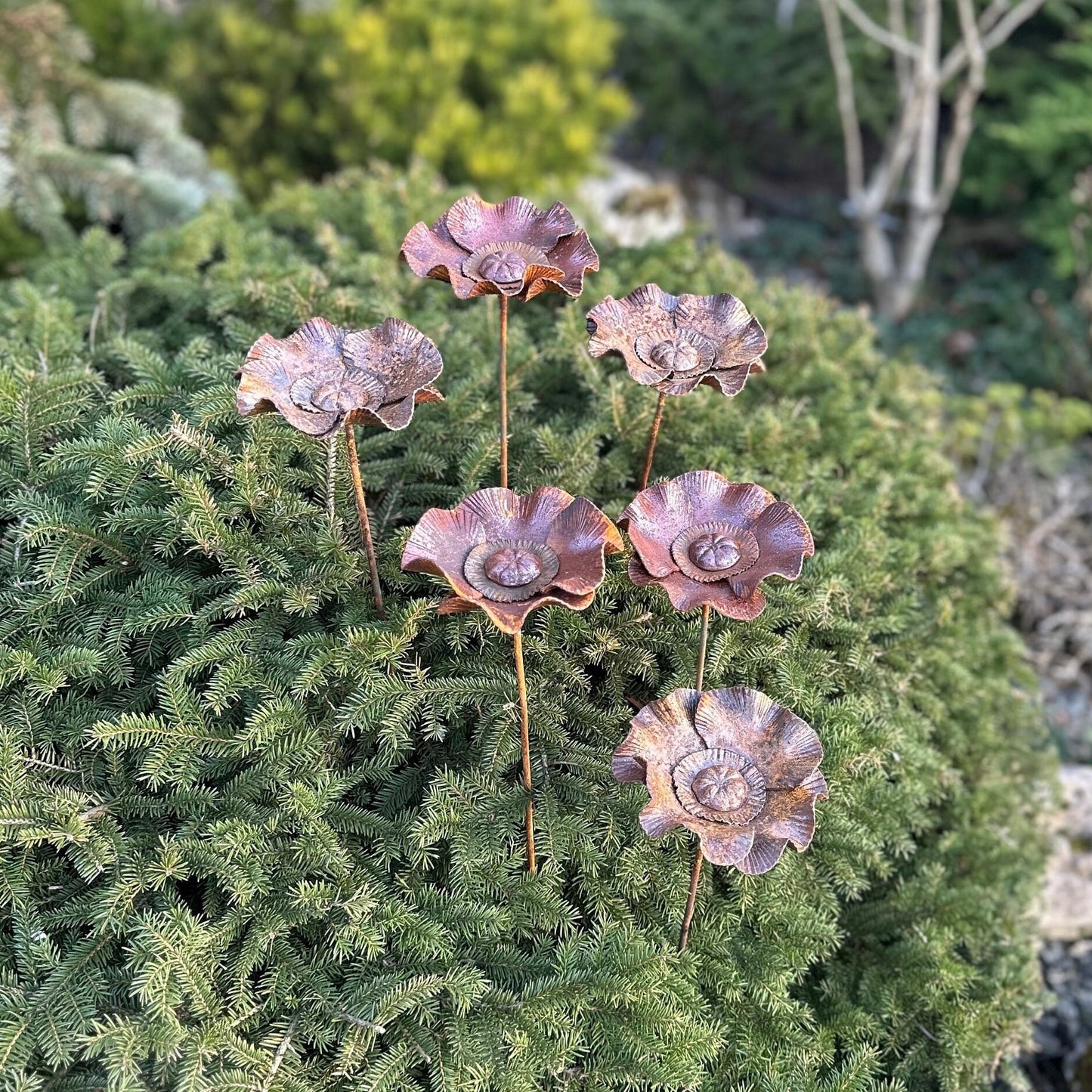 Rusty flowers set of 6, Poppy flowers garden stakes, Metal garden decor, metal yard art, outdoor metal decor, Rusty metal garden decor